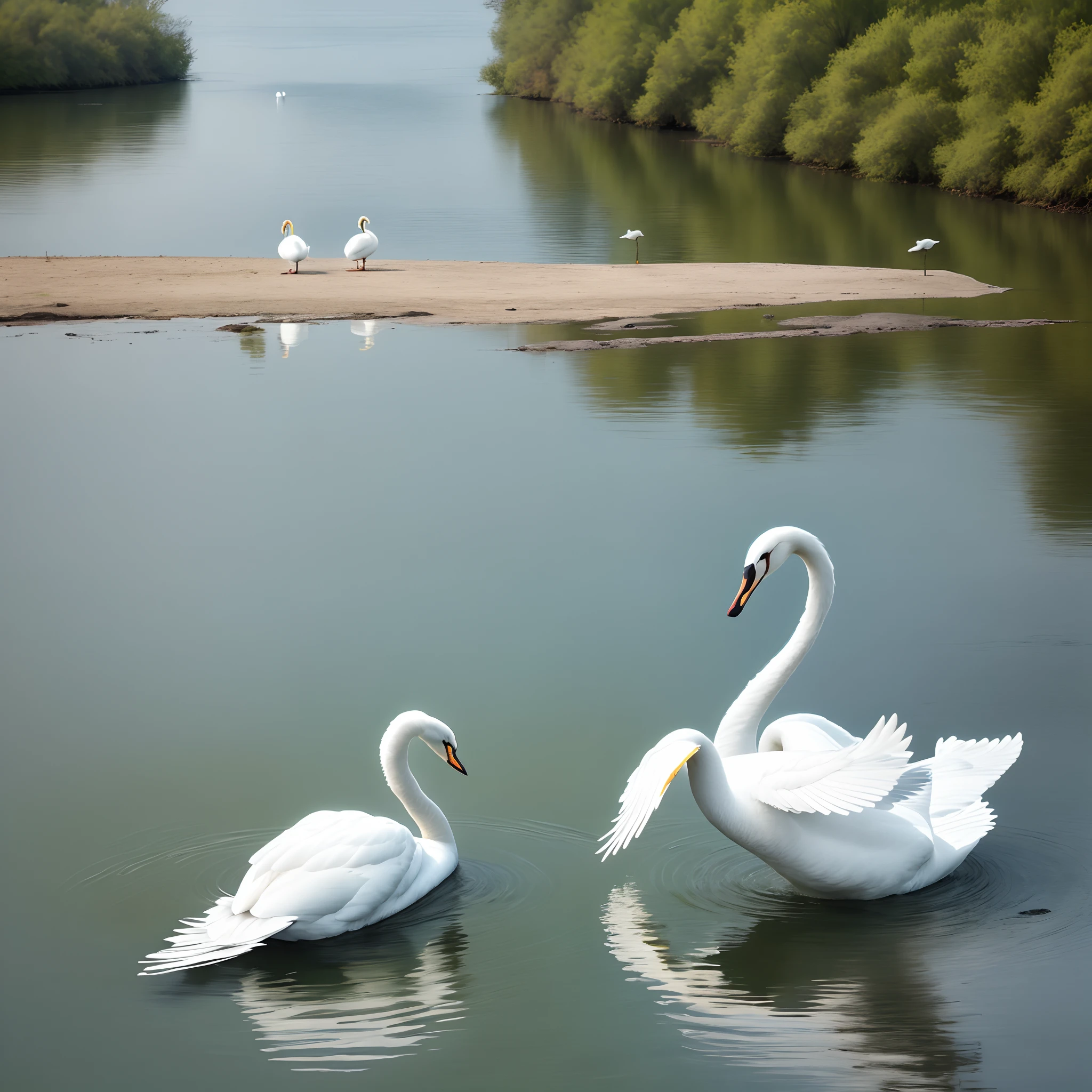 A pair of white swans play in the middle of the lake