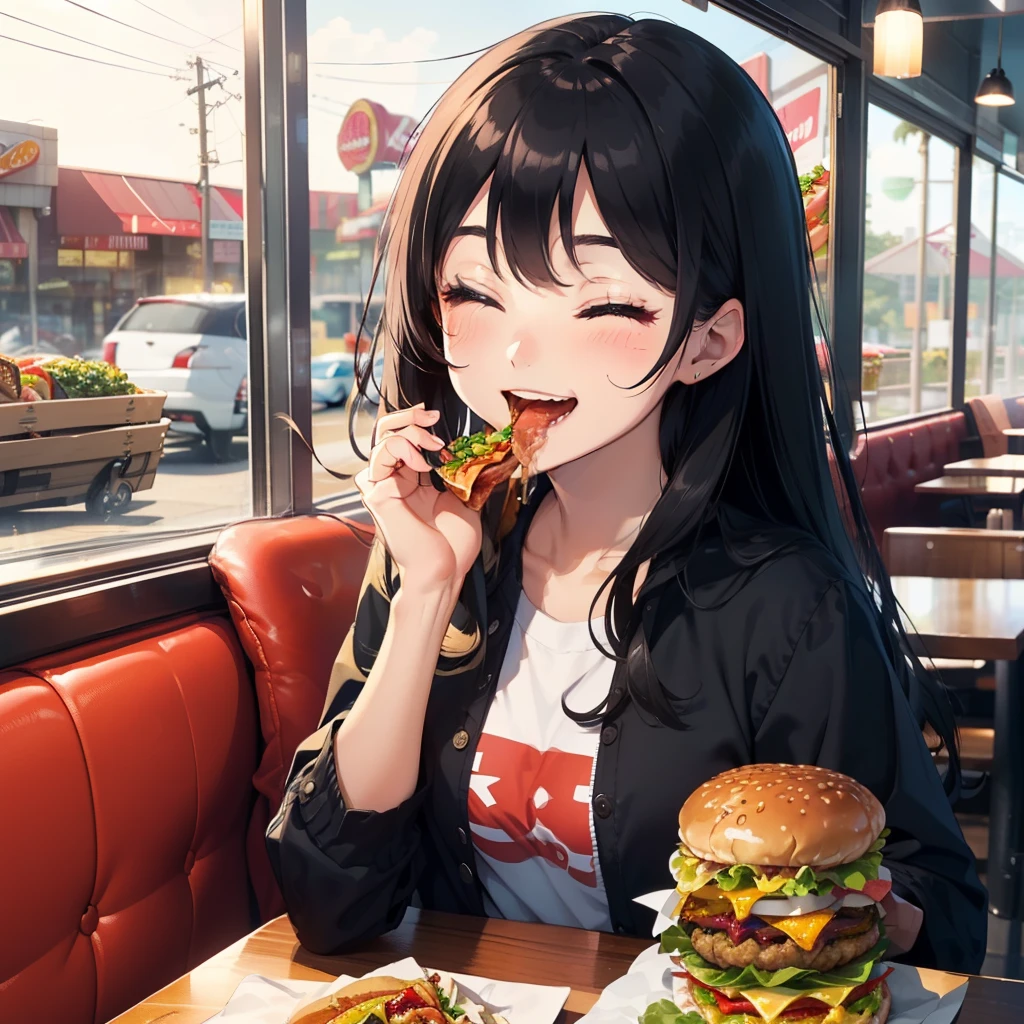 1 beauty,17-year-old high school girl, Watery Big Eyes,(Happy smile),long eyelasher, Blushlush,Black Perm Hair,At a table in a fast food restaurant, (Close your eyes, Smile and open your mouth wide), ((Gnawing on a grabbed hamburger with both hands)),(Eat cleanly)