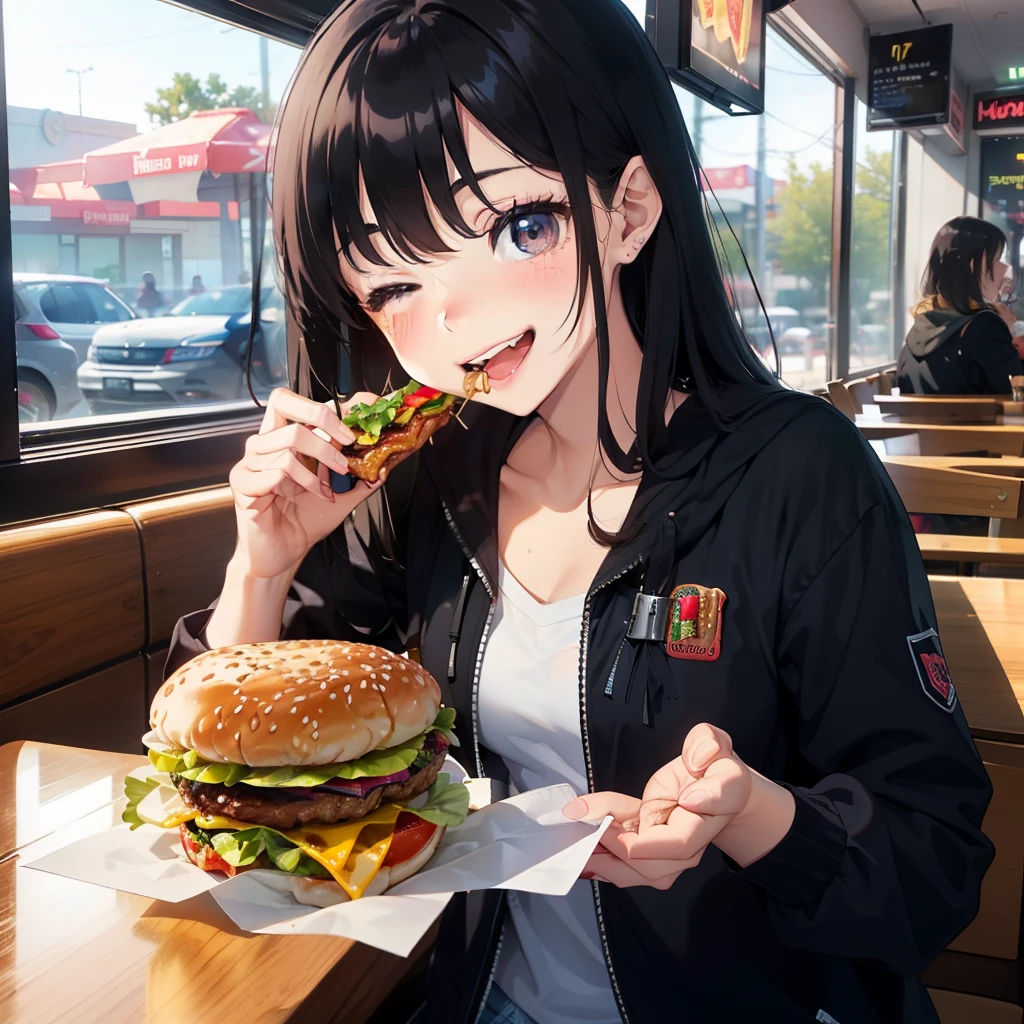 1 beauty,17-year-old high school girl, Watery Big Eyes,(Happy smile),long eyelasher, Blushlush,Black Perm Hair,At a table in a fast food restaurant, (Close your eyes, Smile and open your mouth wide), ((Gnawing on a grabbed hamburger with both hands)),(Eat cleanly)