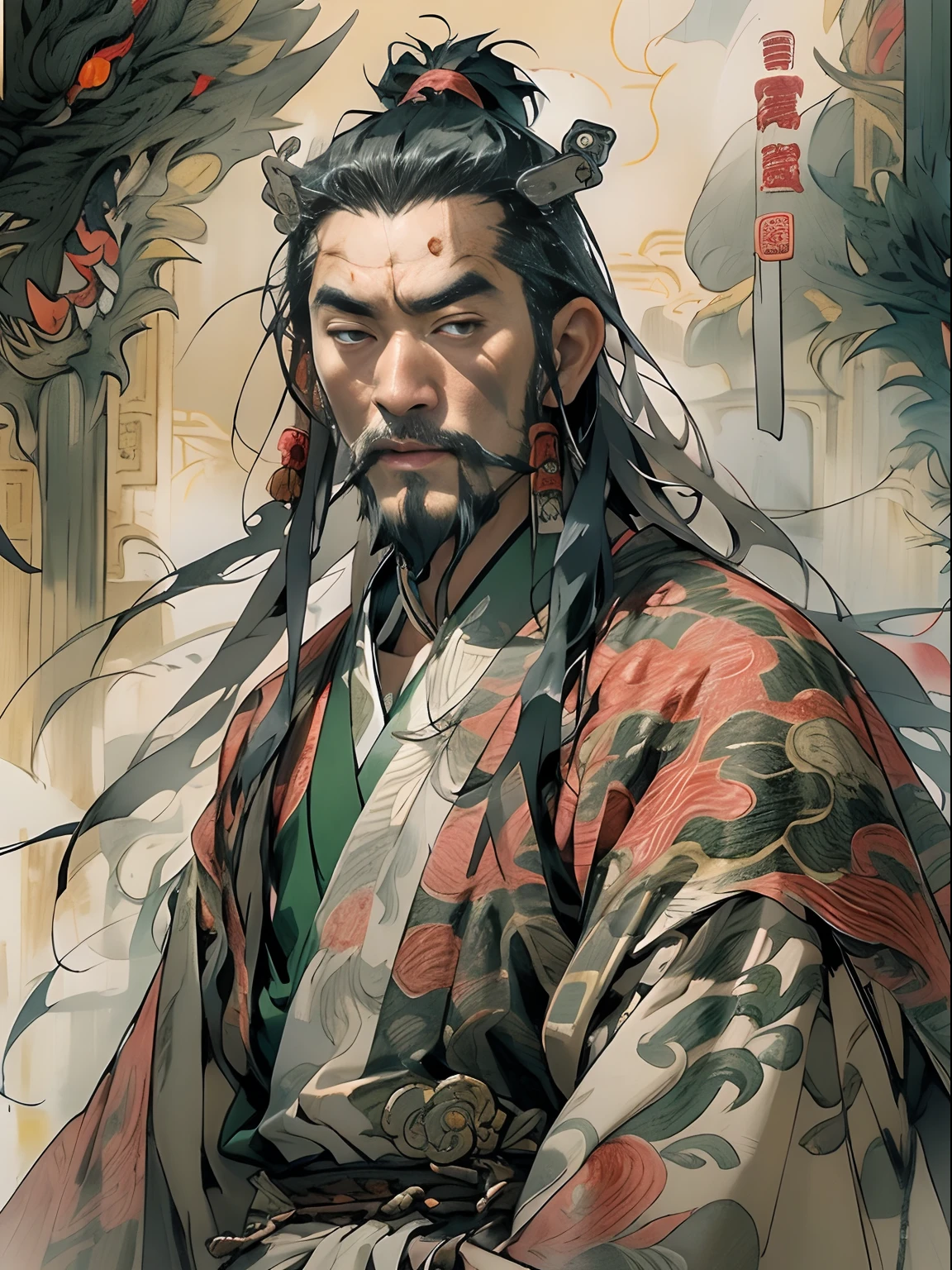 (((China-style,Ink painting method,Half-length portrait,Intense color,Han dynasty, China,Hanfu,Armor,Guan yu,Guan Yunchang,of a guy,Ruddy killing square face,Hold it with your right hand(Close the knife)Qinglong Weir Moon Knife,Stroke your beard with your left hand,Long hair,petty eyes,Green robe))), (((best qualityer))), (((tmasterpiece))), (((AS-Adult))), ((( Japanese ))), Look up from your knees, Handsome Asian samurai,perfect body figure, Modern samurai, ((( Asian))), Wear gloves on your hands,The left arm is made of steel and metal tips,Made of protective devices, The eyes are pulled, (( Appears below the chest )), (( Small dental floss )), Simon Bisley, Almost naked(Simon Bisley)Castle City Wilderness,For high-resolution posters, hair straight, Minimum clothing, armure (Crazy clothes ), Full of tips and rivets, tribal tattoos, (((full bodyesbian))), Straight brunette hair,Colored hair ends