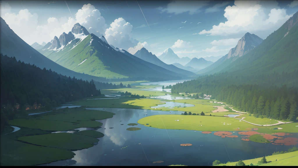 (Masterpiece, Best quality, High quality, A high resolution:1.4), Extremely detailed, 4K, Outdoors, Nature, forest, green trees, Grass, a plant, Flowers, River, Caustics, Ripples, pond, jungles, dense foliage, fern,(cloud sky:1.3),(rain:1.3),anime,Rain ripples on the surface of the water,mountain,((bird's eyes view)),fantasy video game character concept art