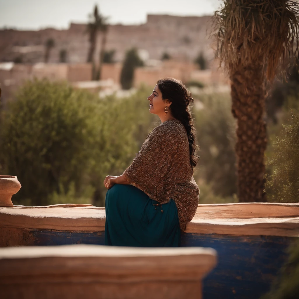 Moroccan rooftop, one curvy woman from behind, facing view, prostrating in prayer, sobbing, (riad rooftop), (Marrakech view),