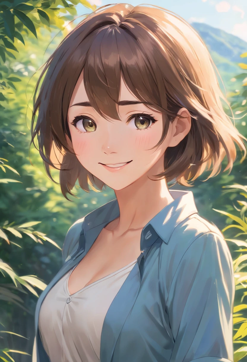 (RAW photo, best qualtiy), (Realistic, Real light:1.3), Masterpiece, Extremely delicate and beautiful, Soft light, (Brunette hair, Short hair swaying in the wind., bangs), Beautiful detailed girl, (Detailed fingers), Very detailed eyes and face, Beautiful detailed nose, Beautiful detail eyes, 1 girl, Japan, Neat and clean beauty, kawaii, Young, Smile, Dress shirt, trousers, (half-body portrait:1.3), (mediuml breasts), Realistic face, Realistic body, En plein air,Natagor Anantapurm
