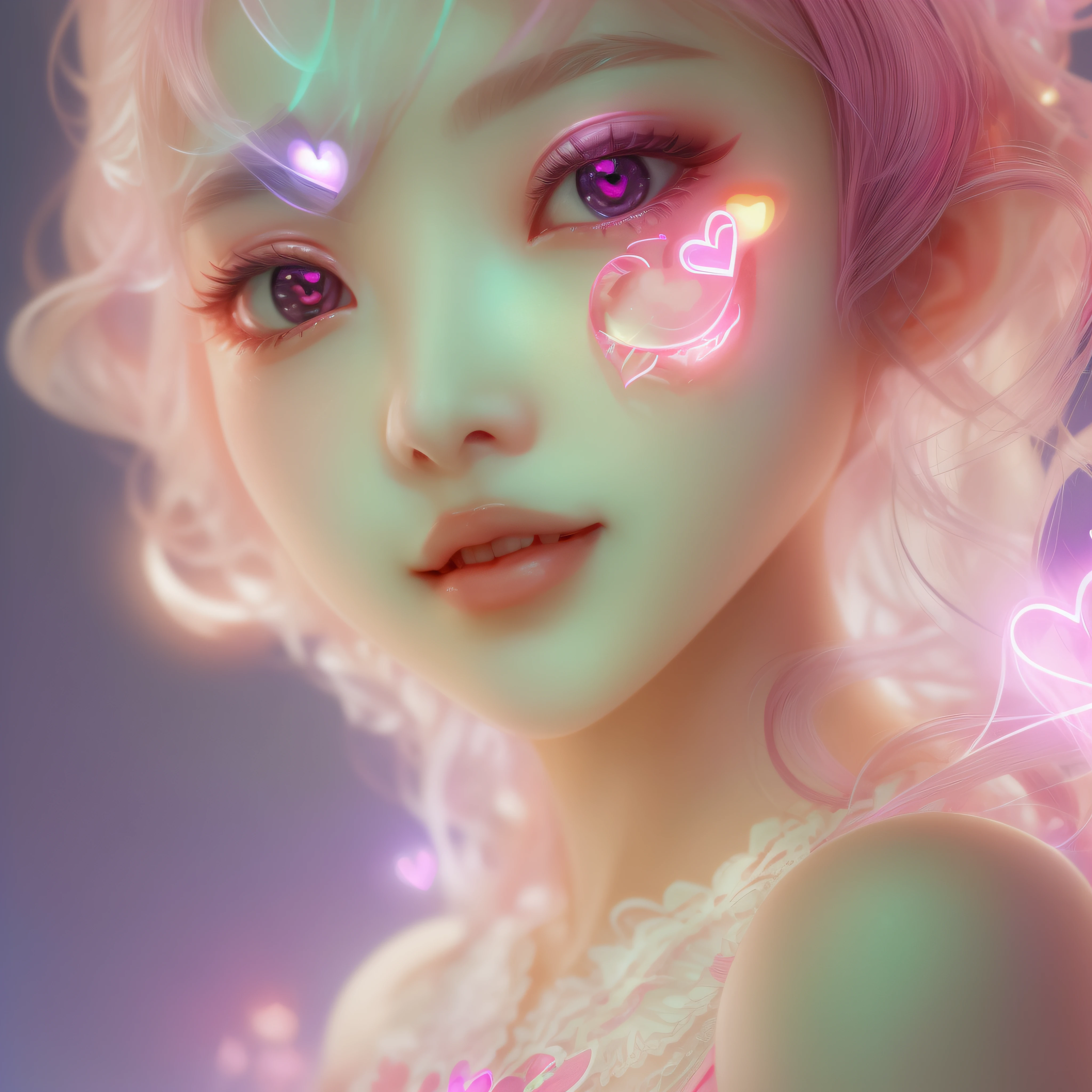 close-up of the smile face、close-up of the smile face、Designer、(realisitic、hight resolution)、(1 girl in)、Do-Up Eye、Korean Girl、(Best Quality), (masutepiece), (1girl in), Solo, a beauty girl, Perfect face, dreamlikeart、Highly detailed airbrush art((Surreal))、Volumetric lighting、(top-quality)、The ultra-detailliert、Highly detailed colorful details、(Bright lighting)、dynamic compositions、Ray traching、The mirror reflects light、Shallow depth of field、ultra-detailliert、mixing exposure、nffsw、Her eyes are pink and glow heart-shaped、The eyes are pink-heart-shaped。Pink glowing three-dimensional heart on background、Pink glowing three-dimensional heart on background、Pink glowing three-dimensional heart on background、
