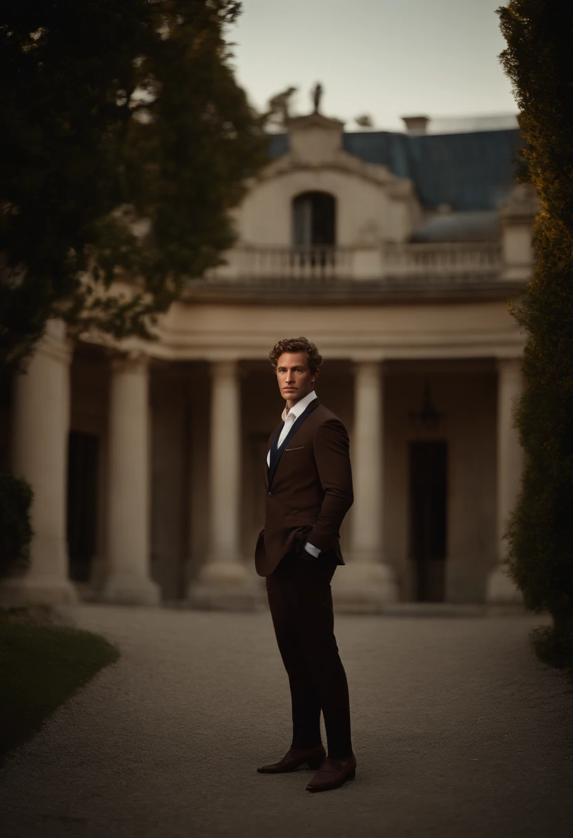 corps entier, Wide-angle photo of the body of a handsome man, Grand et en forme, (40 ans:1.1), (shaven:1.2), (short brown hair and a little curly:1.5),(very short hair:1.6). Tight suit in dark blue velvet:1.3). (posing outside the mansion), Cold and dark sunset at dusk, (Edge Light:1.1),(Concentrez-vous sur les yeux), (Regard fier), (hard light on the skin:1.2), (ombres dures, dark themed, Contraste profond:1.1), (photographie de portrait par Annie Liebovitz), Dark mint theme and choral aesthetics, (skin imperfections)
