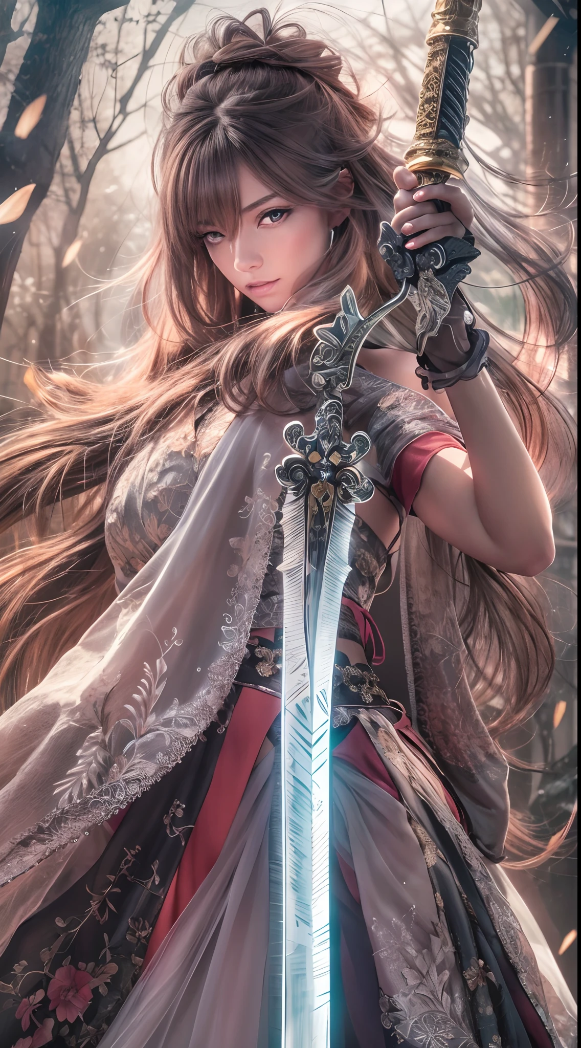 best quality,4k,8k,highres,masterpiece:1.2,metallic feather sword,shimmering blade,sharp edges,glowing feather tips,engraved patterns,ornate hilt,ornamental silver feathers,ethereal glow,ultra-detailed,realistic:1.37,portraits,studio lighting,vivid colors,sharp focus,physically-based rendering,detailed sword hilt details,gleaming highlights,soft shadows,colorful feathers,subtle gradient background,eye-catching composition,enhanced contrast,scene with one woman holding the sword,her eyes staring fiercely,her lips in a determined expression,dressed in elegant flowing garments,her hair billowing in the wind,standing in a mystical garden,overgrown with vibrant flowers and lush greenery,the sun casting a warm golden light,creating a magical atmosphere.woman，High definition 3D wallpaper