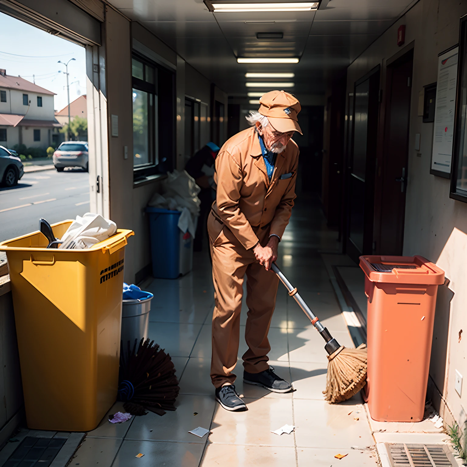 An old sweeper man in an orange suit is a very tired sweeper cleaning the corridorwith a broom, a trash can on border school, realistic, 8k, full bod, Korean