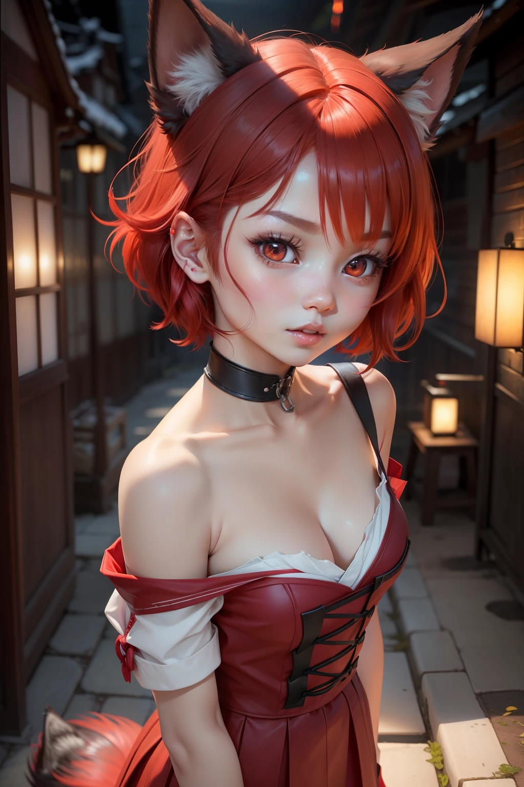 The upper part of the body。Little wolf ears。Infinitely female、Short red hair、red eyes glowing、Beautiful skins、femele、Cute and attractive、Like a schoolgirl in Japan、Detailed and realistic incarnations。