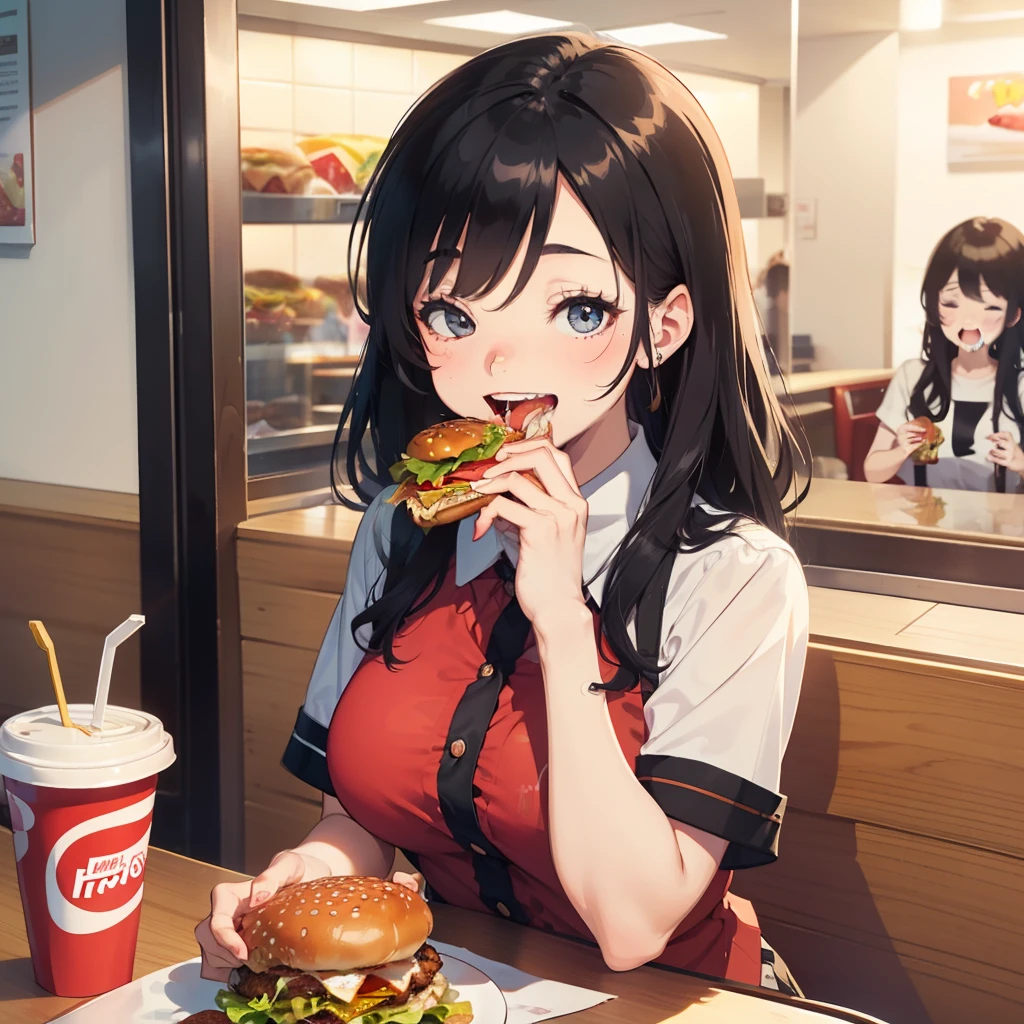 1 beauty,24-year-old office lady,Watery Big Eyes,(Happy smile),long eyelasher, Blushlush,Black Perm Hair,At the table in a fast food restaurant, (Close your eyes, Smile and open your mouth wide), ((Gnawing on a grabbed hamburger with both hands)),(Eat cleanly)