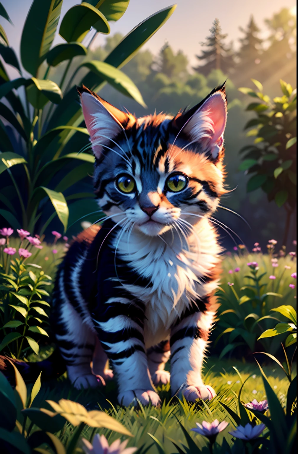 a stunning photo of a solo little kitten surrounded by plants in a flower meadow, 8k resolution concept art( intricate details:1.2), sunlight, (high quality:1.2), trending on artstation, 8k, absurdres, extremely detailed fur, (close up:1.1)