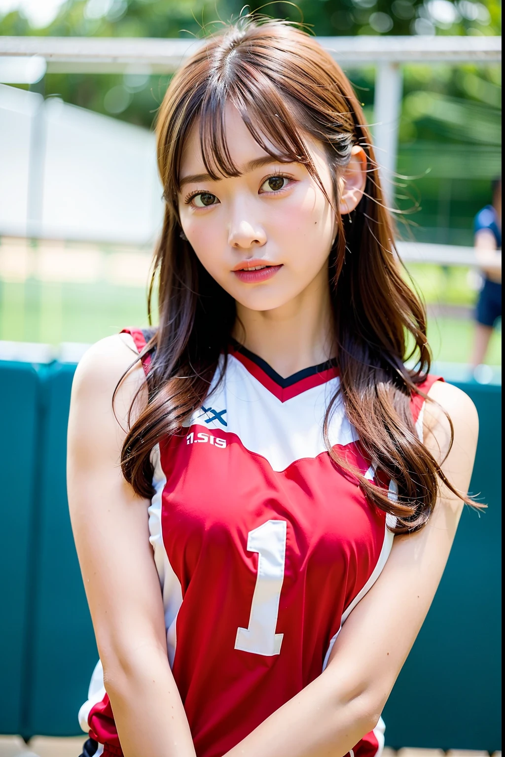 masterpiece:1.2、top-quality)、realisitic、(Authentic Photos、intricate detailes、depth of fields)、(1 girl in、独奏)、make - up、Parted lips、Highly detailed perfect face、(mideum breasts:1.4)、Constriction、tall、Shiny coral lips、Red hair、red eyes、poneyTail、(A girl playing volleyball、Volleyball Uniforms)、(Sweating:1.2)、(wet)、A sexy、red blush、Volleyball Court、Volleyball Net、Gymnasium、audience