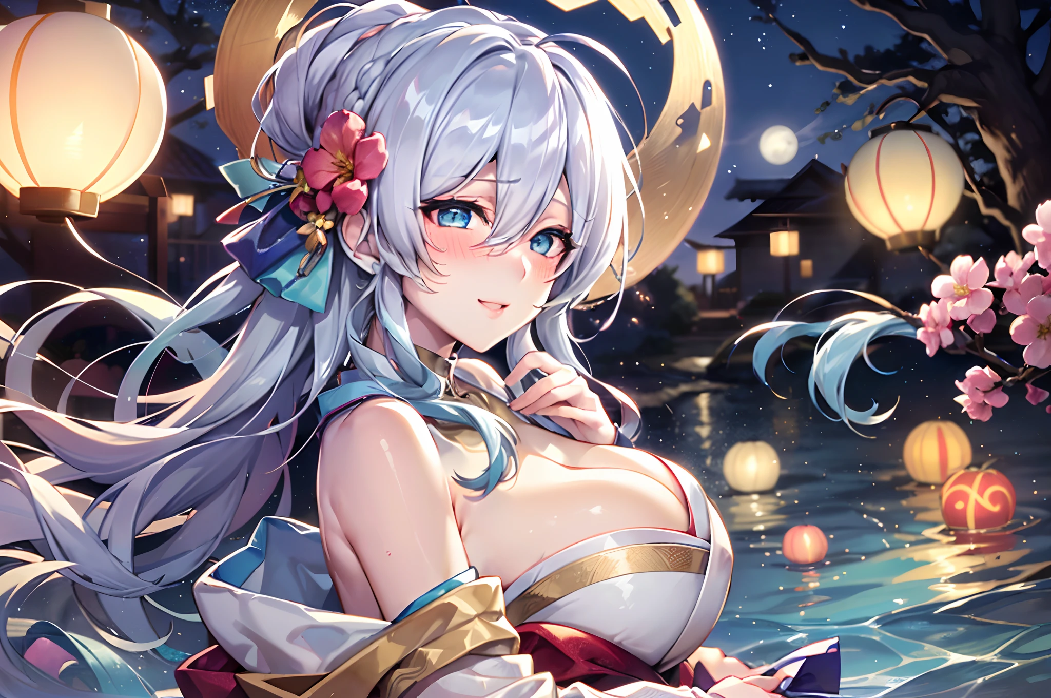 adult lady,Huge breasts, a moon, paper lanterns, natta, 独奏,, hair adornments, Kimono, Komono, playing in the water, Eau, Hair Flowers, florals, plein air, Skysky, fullmoon, Sateen, A dark-haired, off shoulders, mont, clouds, Hugged, sash, bare shoulders, paper lanterns, is standing, White kimono, nigh sky, sideboob barbosa, Obi, bangss, The tree, From Side, Reflectors, shorth hair, cloudy ash sky, wetting hair (((masterpiece),(the Extremely Detailed CG Unity 8K Wallpapers)、top-quality、电影灯光、细致背景、beatiful detailed eyes、Bright pupils、(extremely delicate and beautiful)、(Beautiful and detailed eyes description)、ultra-detailliert、masterpiece、((lightsmile、(Drunken eyes,red blush))),