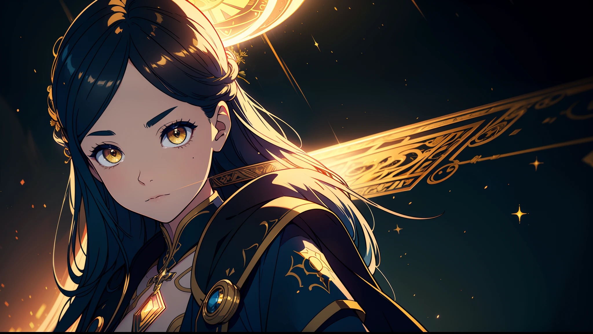 1 mature girl with long blue and yellow eyes with a big bible in her hand looking at camera, alone, High detail mature face, tie hair on the left side, golden eyes, full yellow cloak, black priest cloth, floating halo ring with radiance, high res, ultra sharp, 8k, masterpiece, smiling, fantasy world, magical radiance background ((Best quality)), ((masterpiece)), 3D, HDR (High Dynamic Range),Ray Tracing, NVIDIA RTX, Super-Resolution, Unreal 5,Subsurface scattering, PBR Texturing, Post-processing, Anisotropic Filtering, Depth-of-field, Maximum clarity and sharpness, Multi-layered textures, Albedo and Specular maps, Surface shading, Accurate simulation of light-material interaction, Perfect proportions, Octane Render, Two-tone lighting, Wide aperture, Low ISO, White balance, Rule of thirds,8K RAW, Aura, masterpiece, best quality, Mysterious expression, magical effects like sparkles or energy, flowing robes or enchanting attire, mechanic creatures or mystical background, rim lighting, side lighting, cinematic light, ultra high res, 8k uhd, film grain, best shadow, delicate, RAW, light particles, detailed skin texture, detailed cloth texture, beautiful face, 
(masterpiece), best quality, expressive eyes, perfect face,