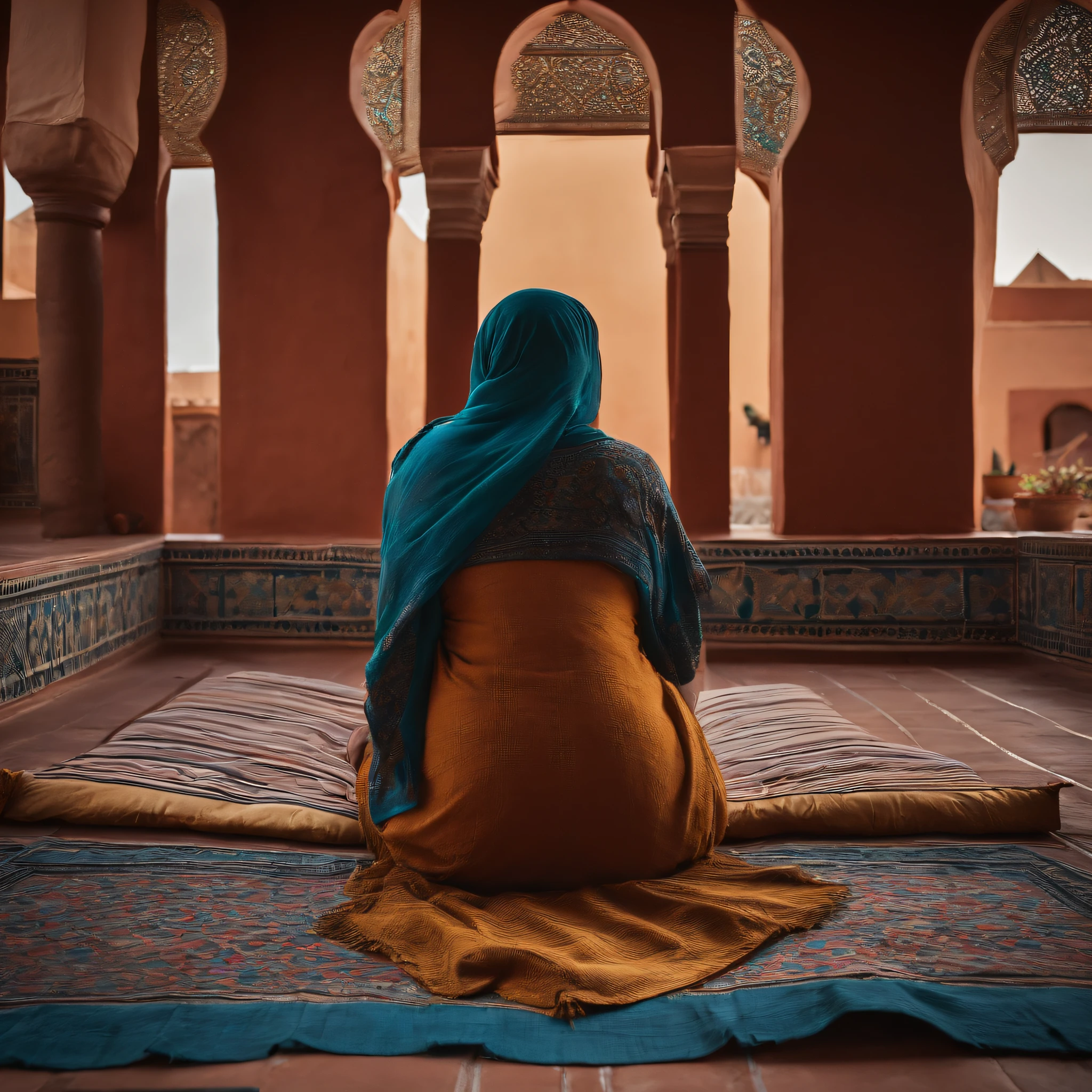 Moroccan rooftop, one curvy woman from behind, facing view, prostrating in prayer, sobbing, (riad rooftop), (Marrakech view),