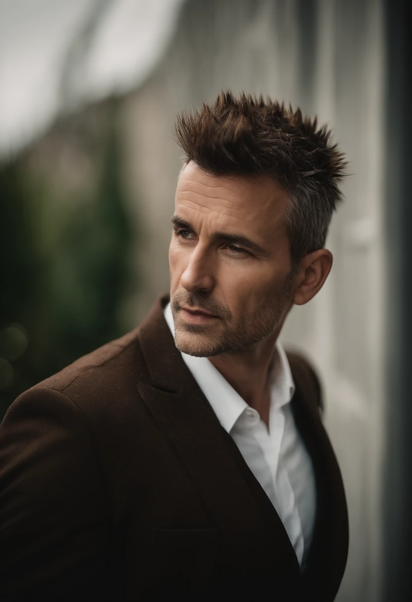 Cinematic portrait , a handsom man, Tall and fit, (40 years old:1.1), (shaven:1.2), (short brown spiky hair :1.5),(very short spiky hair:1.6). black tight suit, white shirt . Minimalistic background, clean composition, strong details, Muted Colours, Hasselblad, style raw