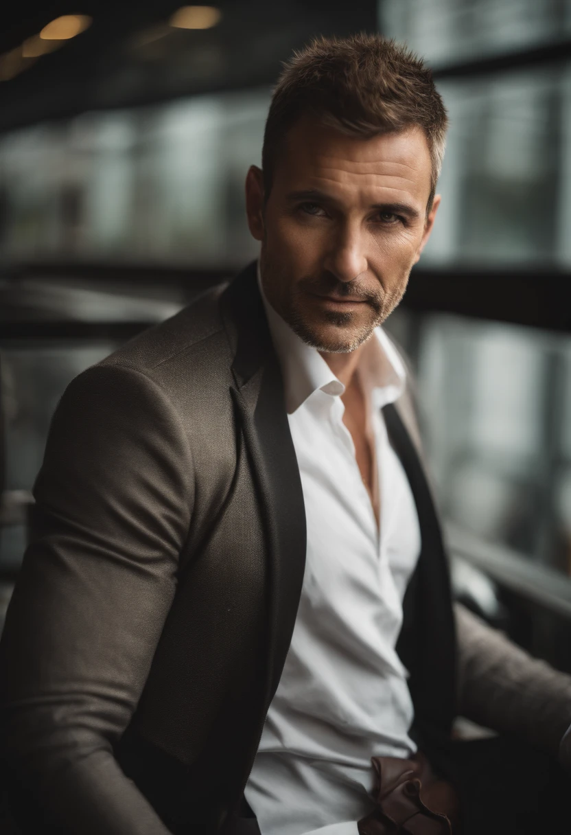 Cinematic portrait , a handsom man, Tall and fit, (40 years old:1.1), (shaven:1.2), (short brown spiky hair :1.5),(very short spiky hair:1.6). black tight suit, white shirt . Minimalistic background, clean composition, strong details, Muted Colours, Hasselblad, style raw