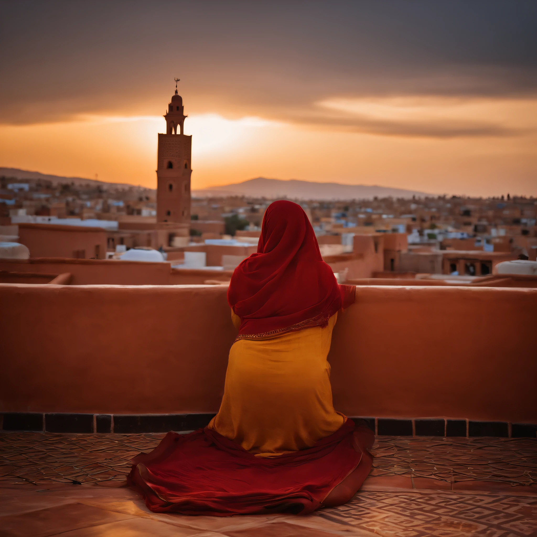 Moroccan rooftop, one curvy woman from behind, facing view, prostrating in prayer, sobbing, (riad rooftop), (Marrakech view),
