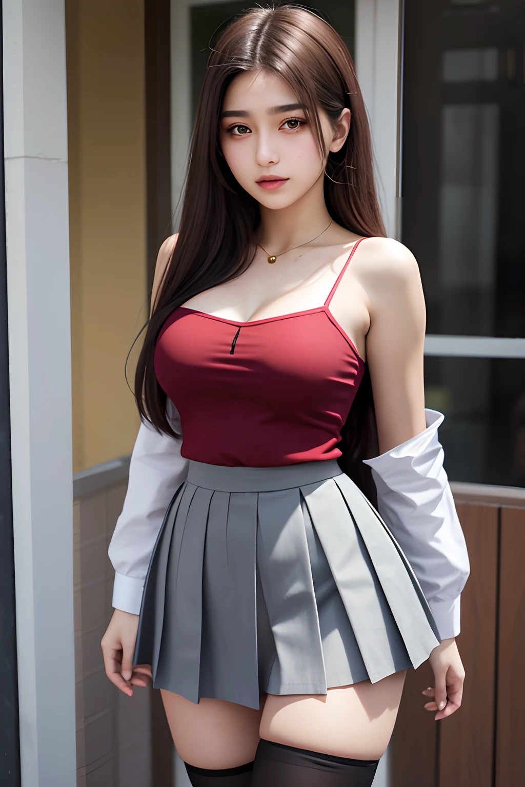 a beautiful 17yo irlandia woman, spaghetti strap shirt, high waist short skirt , thighhighs
