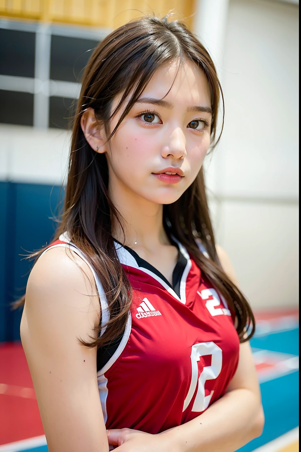 masterpiece:1.2、top-quality)、realisitic、(Authentic Photos、intricate detailes、depth of fields)、(1 girl in、独奏)、make - up、Parted lips、Highly detailed perfect face、(mideum breasts:1.4)、Constriction、tall、Shiny coral lips、Red hair、red eyes、poneyTail、(A girl playing volleyball、Volleyball Uniforms)、(Sweating:1.2)、(wet)、A sexy、red blush、Volleyball Court、Volleyball Net、Gymnasium、audience