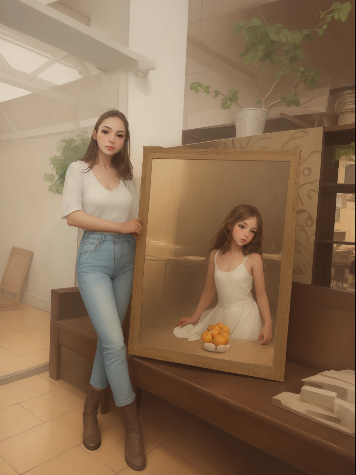 Picture of a little girl, standing in front of a table with a plate of oranges, painting vladimir volegov, vladimir volegov, valentina remenar, volegov, Based on Antonio Kisseri, Antonio Kisseri, james gurney painting style, by Alexander Kucharsky, Pedro Pedragia, Brian Thomas, Alfredo Volpi