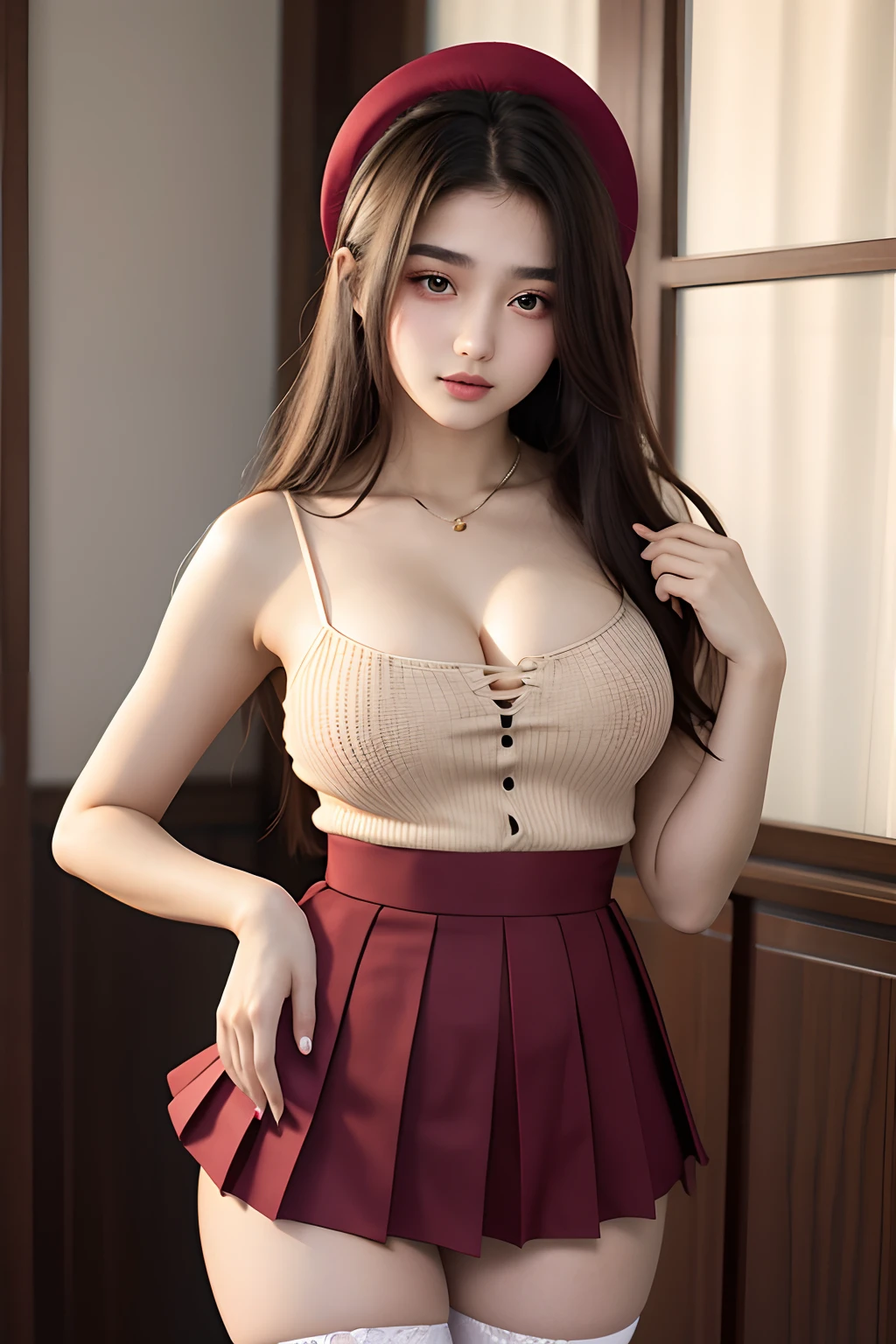 a beautiful yo Turki woman, spaghetti strap top, high waist pleated skirt , thighhighs