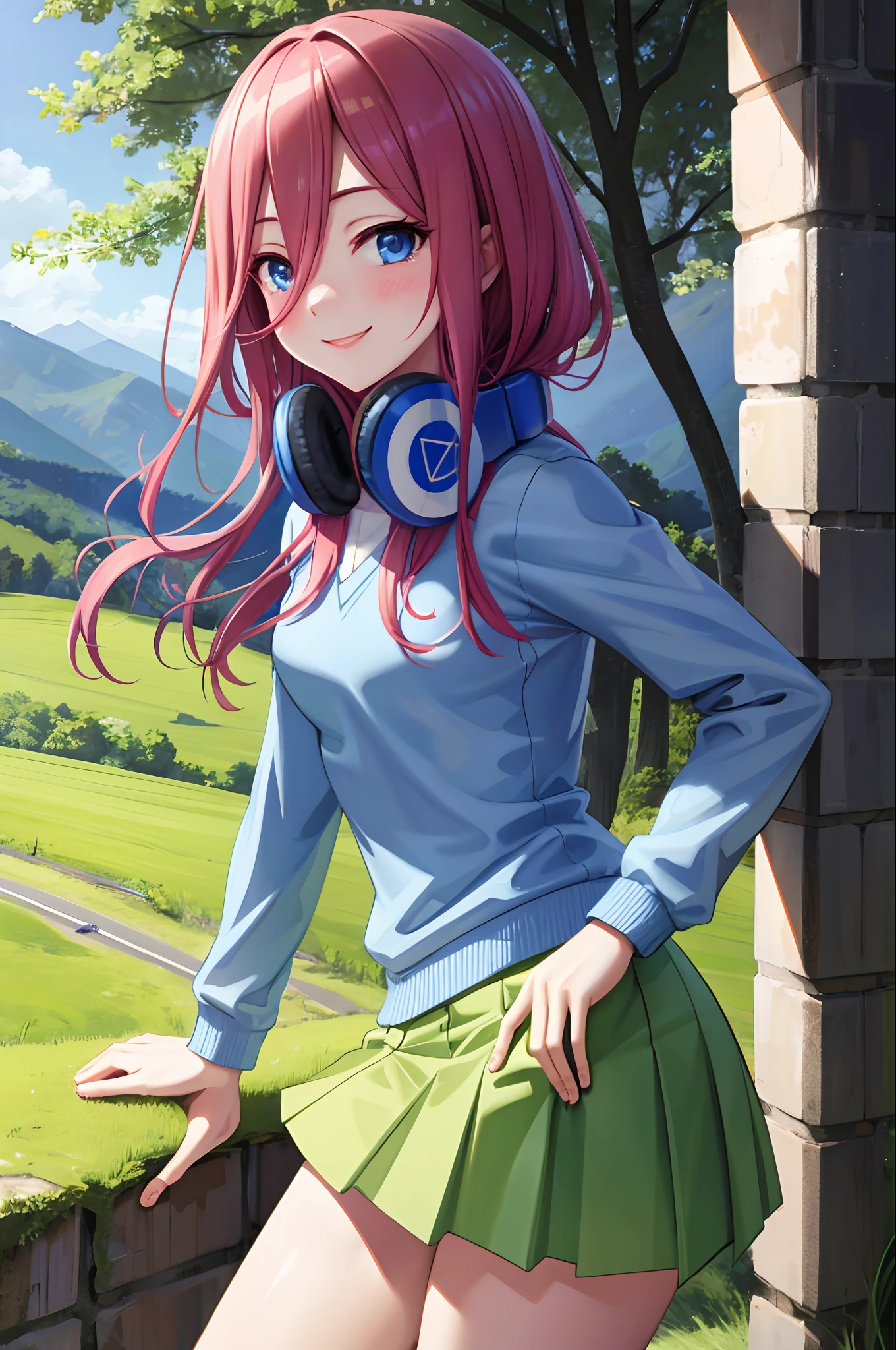 best quality, masterpiece, nice hands, perfect hands, Miku hiking, smile, small breasts, Blue Cardigan, county road,