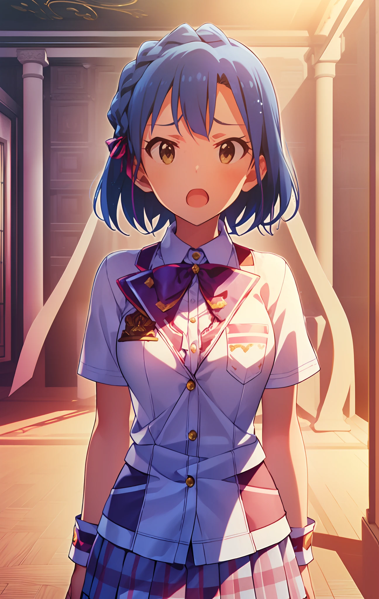 yuriko nanao (million live). Short stature. (((white t-shirts))).(((Skirt))).(((masterpiece))).(((best quality))).((Ultra-detailed))).(((illustratio))).(((a room))).(((make a fist))).(((up chest))).Despair face.(((short-hair))).((big breasts)).((Opening Mouth)).