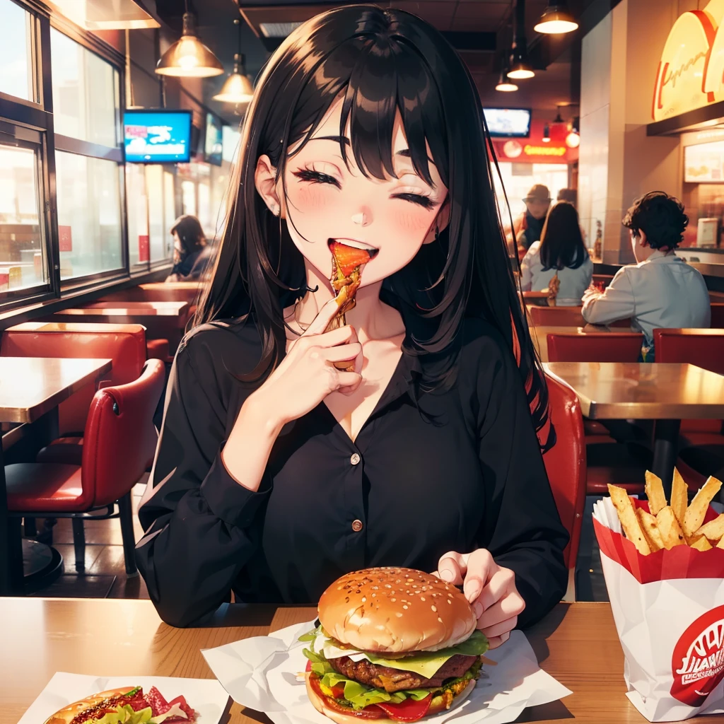 1 beauty, 27-year-old woman, Watery Big Eyes，(Happy smile)，long eyelasher, Blushlush，Black Perm Hair,At the table in a fast food restaurant, (Close your eyes, Smile and open your mouth wide), ((Gnawing on a grabbed hamburger with both hands)),(Eat cleanly)