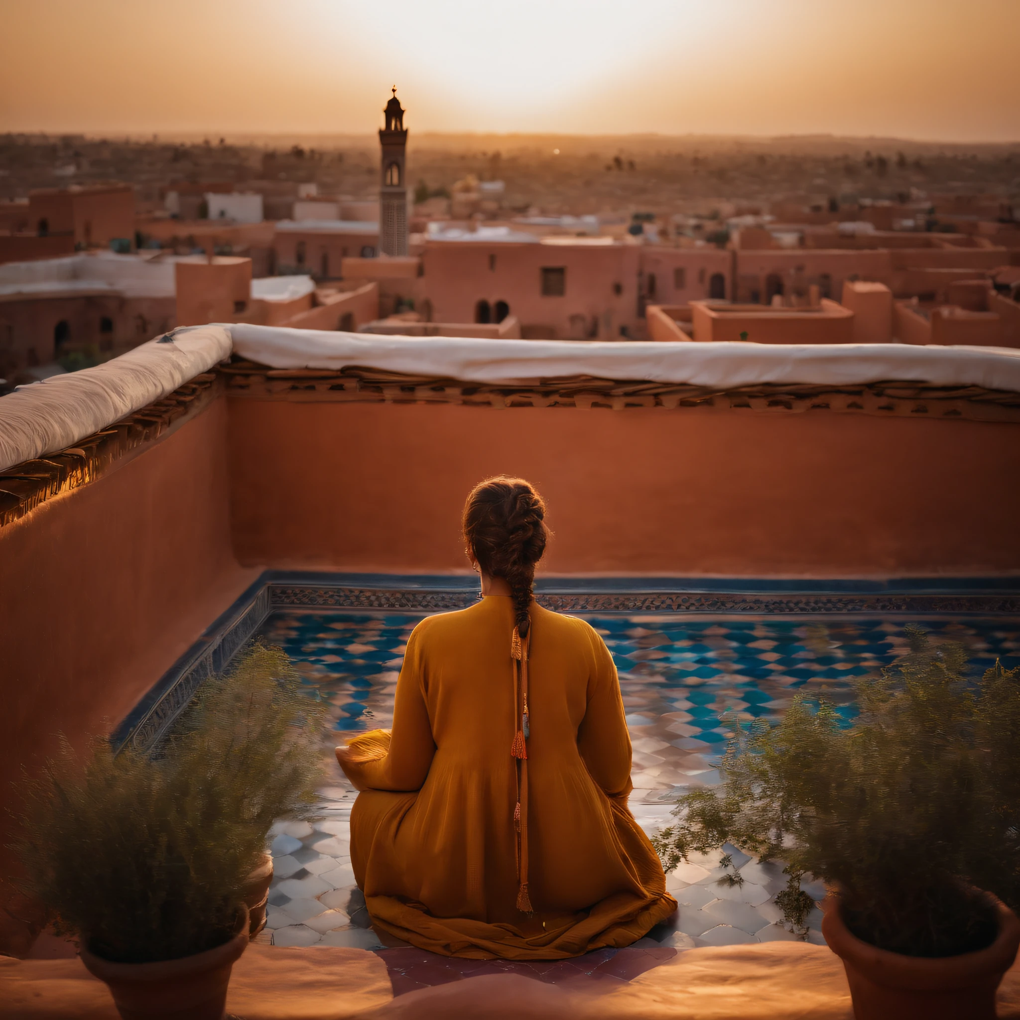 Moroccan rooftop, one curvy woman from behind, facing view, praying, sobbing, (riad rooftop), (Marrakech view),
