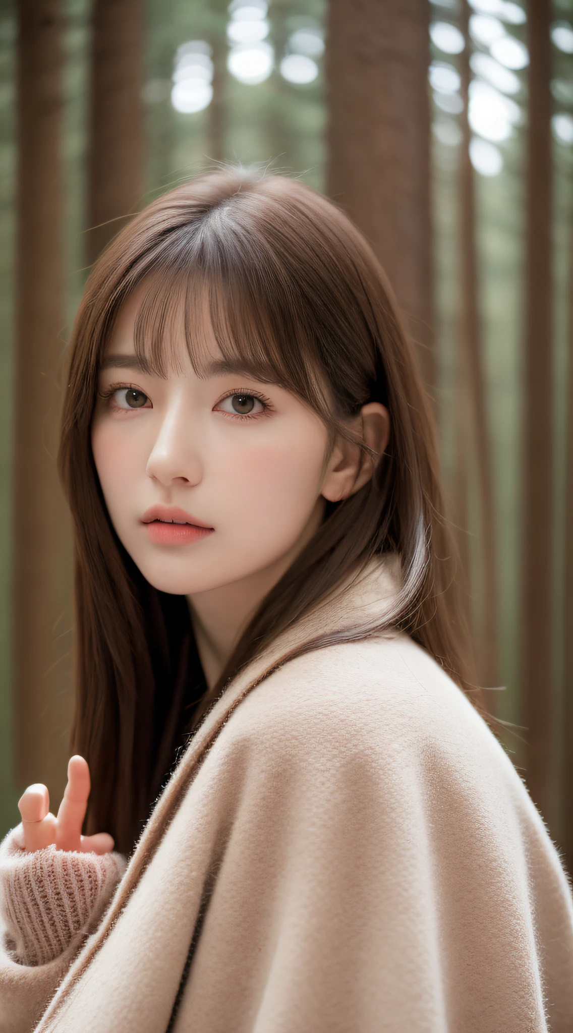 1womanl, up of face, mideum breasts, light brown hair, Blunt bangs, hair behind ear, hair over shoulder, Long hair, slender body shape, Ultra Fine Face, Thin face, Delicate lips, Beautiful eyes, thin blush, eyes are light brown,View here, Ultra-thin hands, Ultra-fine fingers, best ratio four finger and one thumb, (realisitic:1.3), White cloak coat. muffler,Knitted gloves、Coniferous forest with heavy snowfall, One-person viewpoint, Fuji Film, F/1.2, 8K, masutepiece, nffsw, Super Detail, High quality, Best Quality, hight resolution,