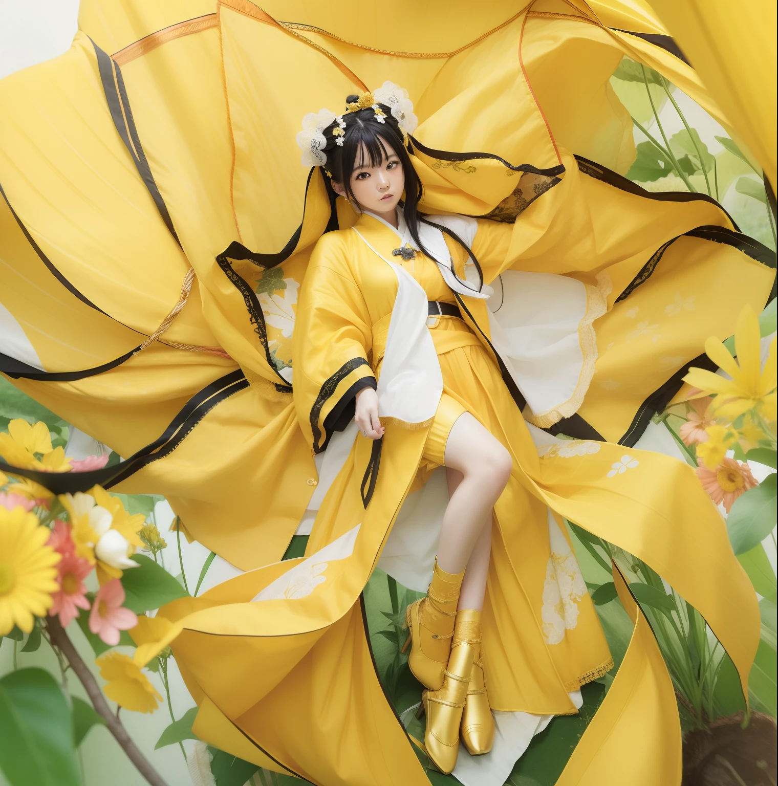 1 girl, mikanko of the oohime, black hair, Yellow clothes, realistic, ultra detail, 70mm lens