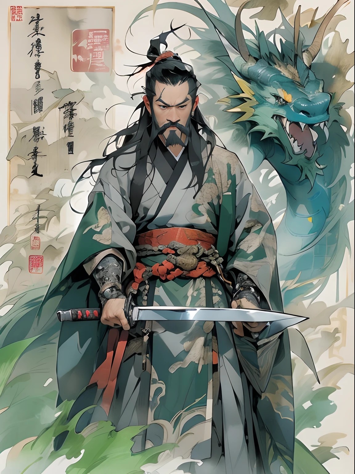 (((China-style，Ink painting method，Half-length portrait，Intense color，Han dynasty, China，Hanfu，Armor，Guan yu，Guan Yunchang，of a guy，Ruddy killing square face，Hold the Blue Dragon Moon Knife in his right hand，Stroke your beard with your left hand，Long hair，petty eyes，Green robe))), (((best qualityer))), (((tmasterpiece))), (((AS-Adult))), ((( Japanese ))), Look up from your knees, Handsome Asian samurai，perfect body figure, Modern samurai, ((( Asian))), Wear gloves on your hands，The left arm is made of steel and metal tips，Made of protective devices, The eyes are pulled, (( Appears below the chest )), (( Small dental floss )), Simon Bisley, Almost naked（Simon Bisley）Castle City Wilderness，For high-resolution posters, hair straight, Minimum clothing, armure (Crazy clothes ), Full of tips and rivets, tribal tattoos, (((full bodyesbian))), Straight brunette hair，Colored hair ends