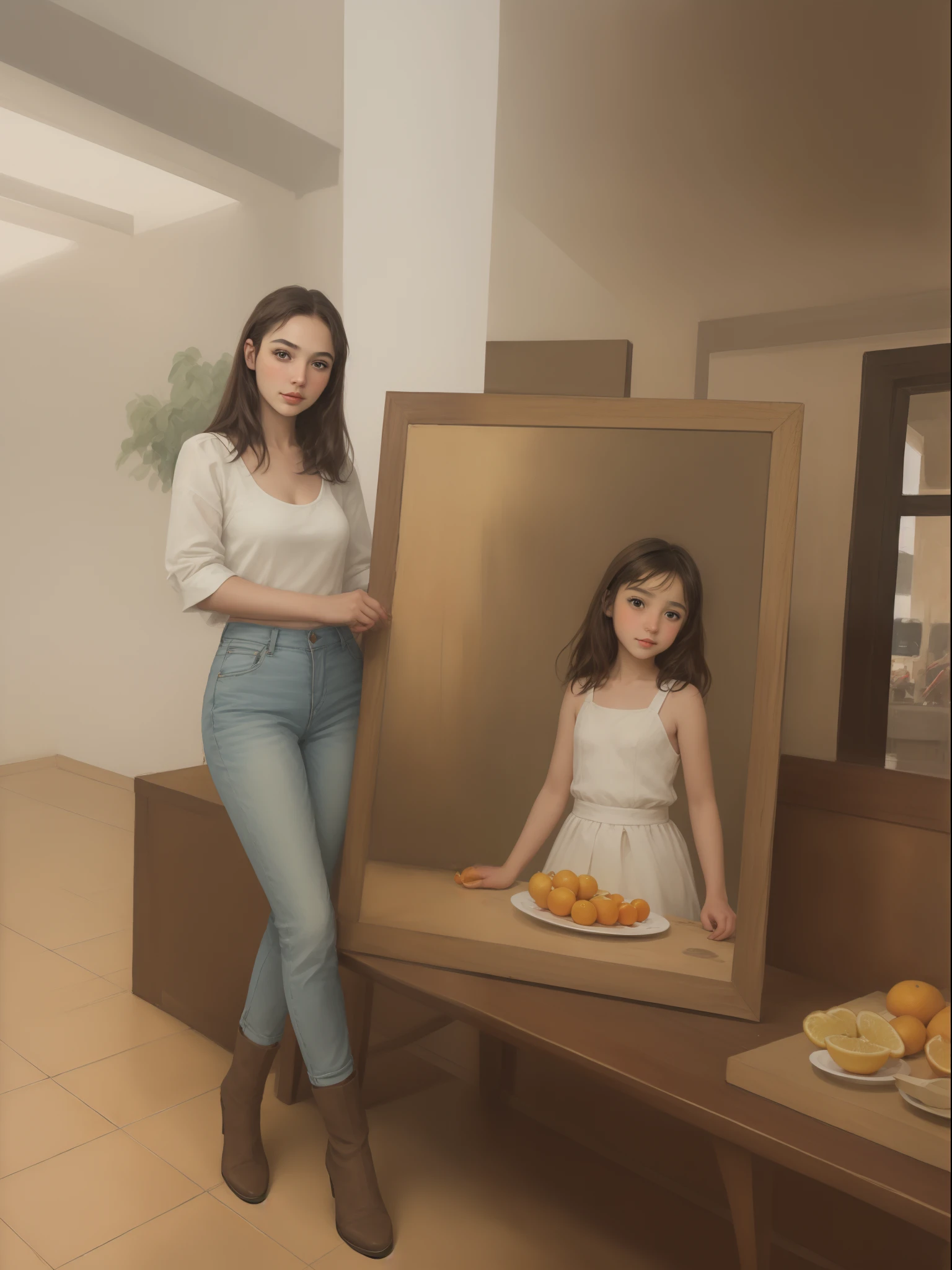 Picture of a girl, standing in front of a table with a plate of oranges, painting vladimir volegov, vladimir volegov, valentina remenar, volegov, Based on the materials of Antonio Kisseri, Antonio Kisseri, james gurney painting style, by Alexander Kucharsky, Pedro Pedragia, Brian Thomas, Alfredo Volpi