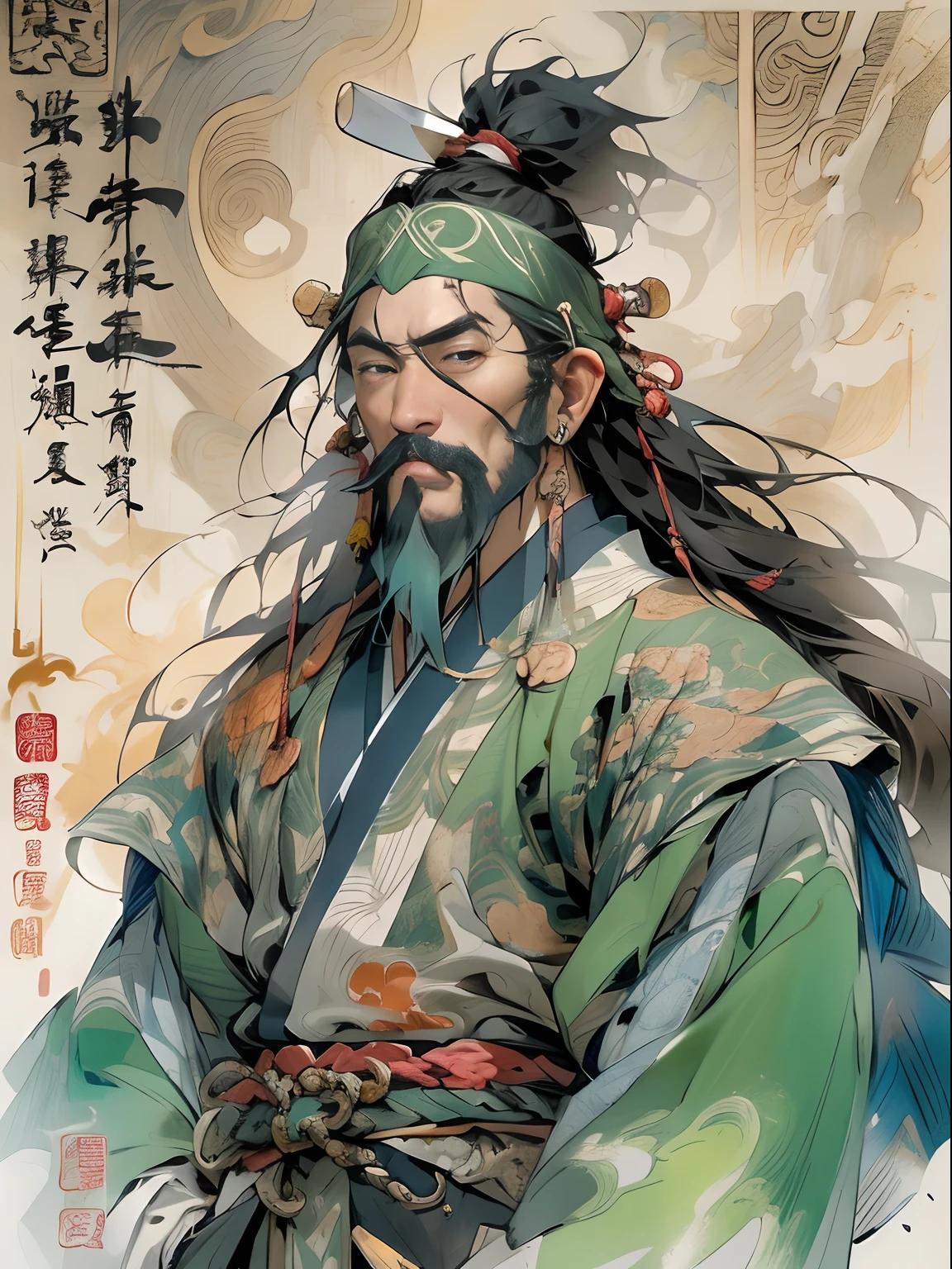 (((China-style,Ink painting method,Half-length portrait,Intense color,Han dynasty, China,Hanfu,Armor,Guan yu,Guan Yunchang,of a guy,Ruddy killing square face,Hold the Blue Dragon Moon Knife in his right hand,Stroke your beard with your left hand,Long hair,petty eyes,Green robe))), (((best qualityer))), (((tmasterpiece))), (((AS-Adult))), ((( Japanese ))), Look up from your knees, Handsome Asian samurai,perfect body figure, Modern samurai, ((( Asian))), Wear gloves on your hands,The left arm is made of steel and metal tips,Made of protective devices, The eyes are pulled, (( Appears below the chest )), (( Small dental floss )), Simon Bisley, Almost naked(Simon Bisley)Castle City Wilderness,For high-resolution posters, hair straight, Minimum clothing, armure (Crazy clothes ), Full of tips and rivets, tribal tattoos, (((full bodyesbian))), Straight brunette hair,Colored hair ends