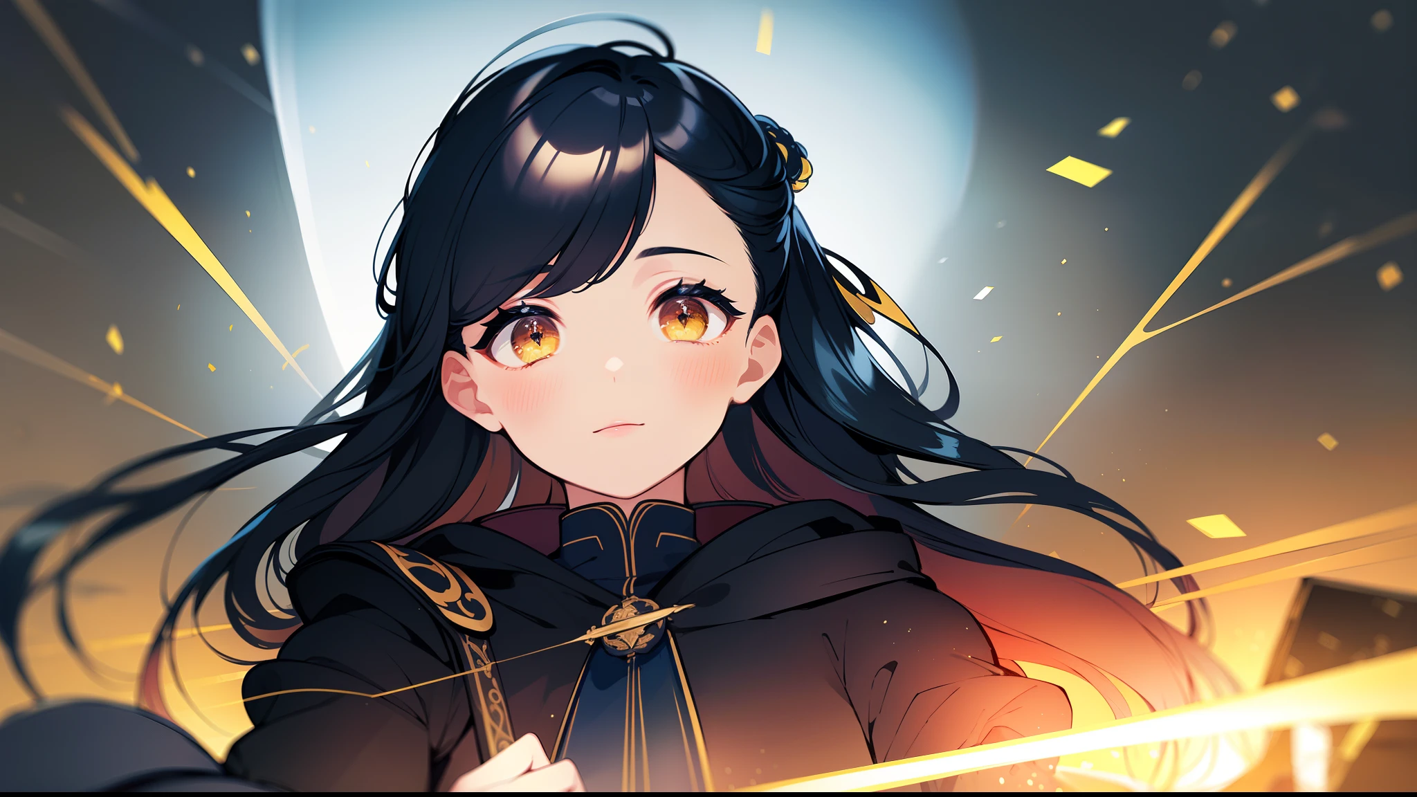 1 mature girl with long blue and yellow eyes with a big bible in her hand looking at camera, alone, High detail mature face, tie hair on the left side, golden eyes, full yellow cloak, black priest cloth, floating halo ring with radiance, high res, ultra sharp, 8k, masterpiece, smiling, fantasy world, magical radiance background ((Best quality)), ((masterpiece)), 3D, HDR (High Dynamic Range),Ray Tracing, NVIDIA RTX, Super-Resolution, Unreal 5,Subsurface scattering, PBR Texturing, Post-processing, Anisotropic Filtering, Depth-of-field, Maximum clarity and sharpness, Multi-layered textures, Albedo and Specular maps, Surface shading, Accurate simulation of light-material interaction, Perfect proportions, Octane Render, Two-tone lighting, Wide aperture, Low ISO, White balance, Rule of thirds,8K RAW, Aura, masterpiece, best quality, Mysterious expression, magical effects like sparkles or energy, flowing robes or enchanting attire, mechanic creatures or mystical background, rim lighting, side lighting, cinematic light, ultra high res, 8k uhd, film grain, best shadow, delicate, RAW, light particles, detailed skin texture, detailed cloth texture, beautiful face, 
(masterpiece), best quality, expressive eyes, perfect face,