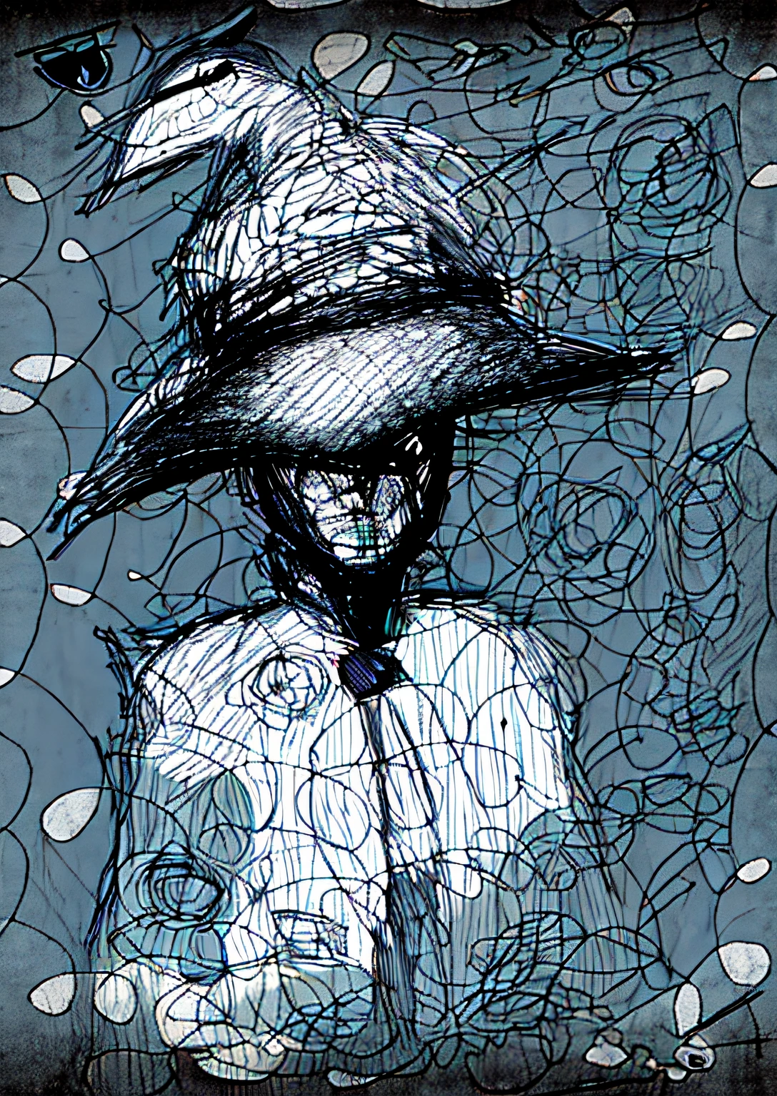 a drawing of a man in a hat and tie with a bird on his head, creepy explorer sketch, scribble sketch, desenhado com photoshop, desenhado no microsoft paint, character with a hat, rabiscos estranhos, arte do rabisco, desenho digital, Personagem sombrio e sinistro, rabiscos e mexidos pretos, digital sketch, Rabiscado, pessoa estranha