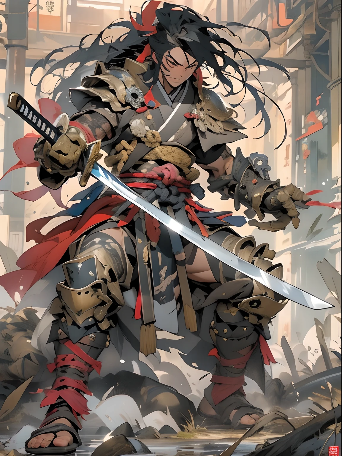 (((mtu))), (((best qualityer))), (((tmasterpiece))), (((AS-Adult))), ((( Japanese ))), Look up from your knees, Handsome Asian samurai,perfect body figure, Modern samurai, ((( Asian))), Wear gloves on your hands,The left arm is made of steel and metal tips,Made of protective devices, The eyes are pulled, (( Appears below the chest )), (( Small dental floss )), Simon Bisley, Almost naked(Simon Bisley)Castle City Wilderness,For high-resolution posters, hair straight, Minimum clothing, armure (Crazy clothes ), Full of tips and rivets, tribal tattoos, (((full bodyesbian))), Straight brunette hair,Colored hair ends