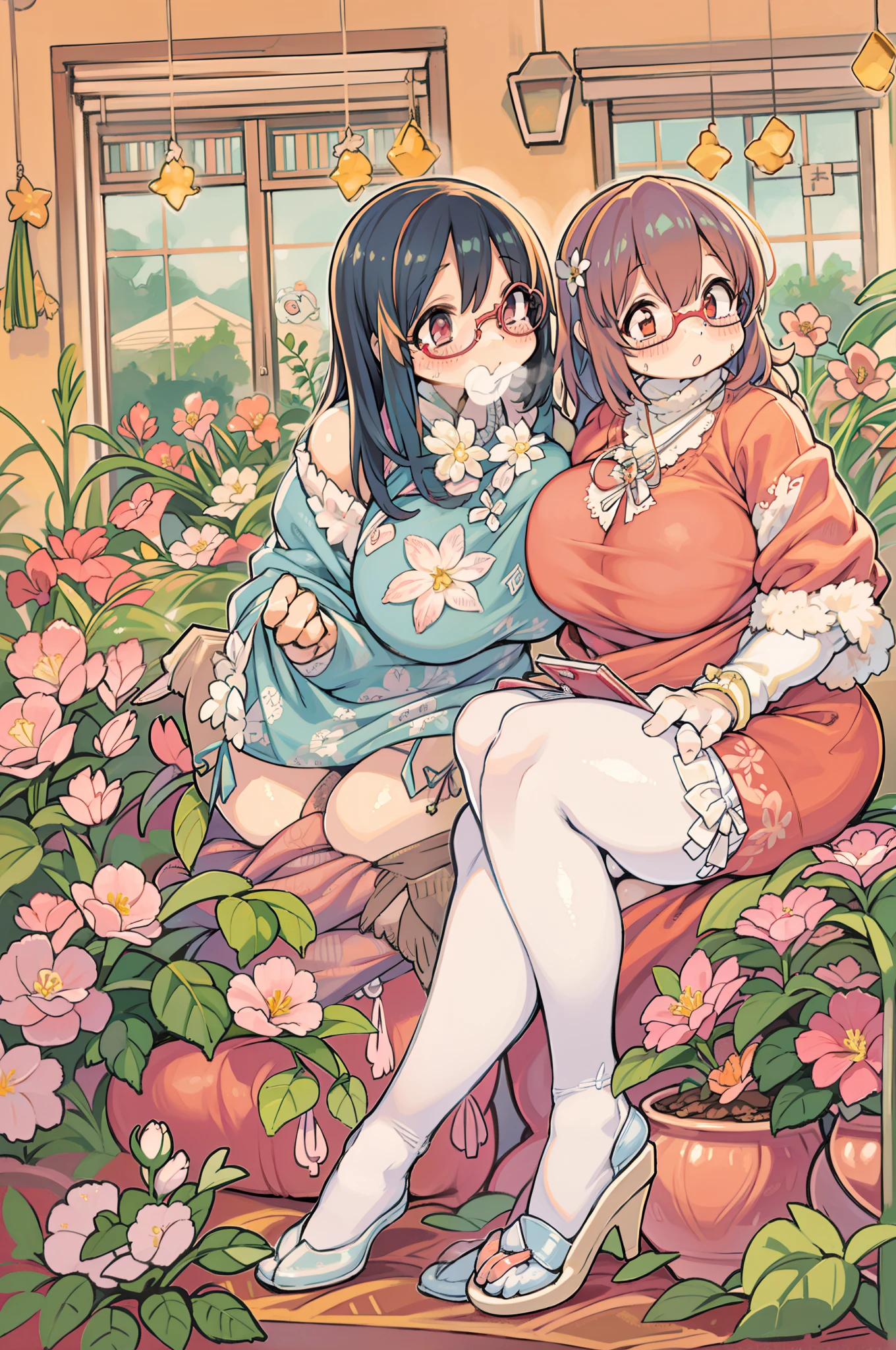 Two-dimensional girl enjoying flowers、huge-breasted、big round glasses、bbw,Large Thigh、Two girls、embracing each other、Deep kissing、the kiss、lesbian、red blush