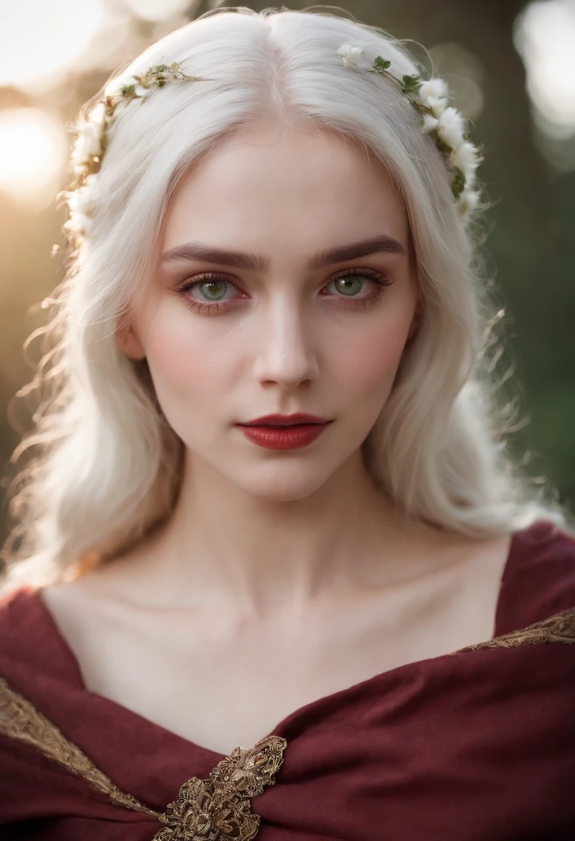 (((a deep reddish wound crosses her left cheek))) fair complexion, woman around 19 years old, natural white hair, distinctive green eyes, wearing kohl, slender and graceful, beautiful, candlelight in a medieval setting, ultra sharp focus, realistic shot, medieval female clothes, tetradic colors (scar:1.4)