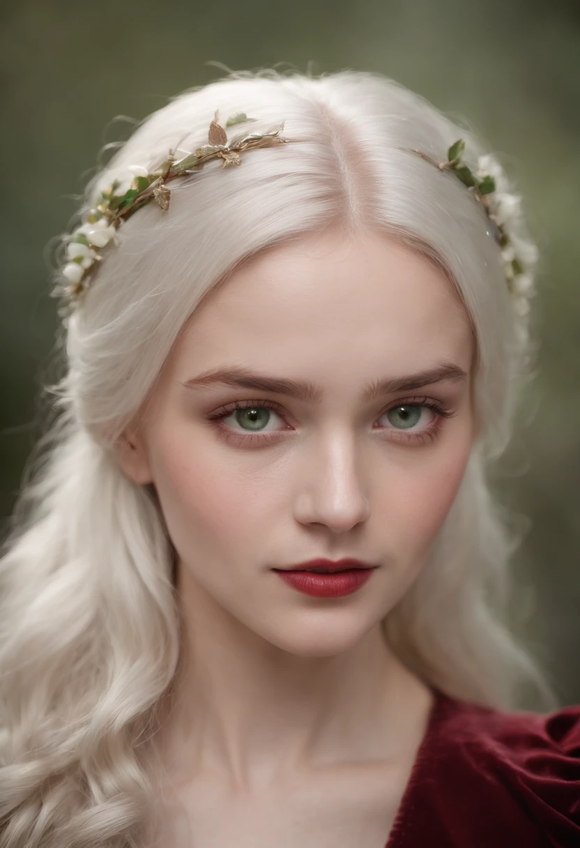 (((a deep reddish wound crosses her left cheek))) fair complexion, woman around 19 years old, natural white hair, distinctive green eyes, wearing kohl, slender and graceful, beautiful, candlelight in a medieval setting, ultra sharp focus, realistic shot, medieval female clothes, tetradic colors (scar:1.4)