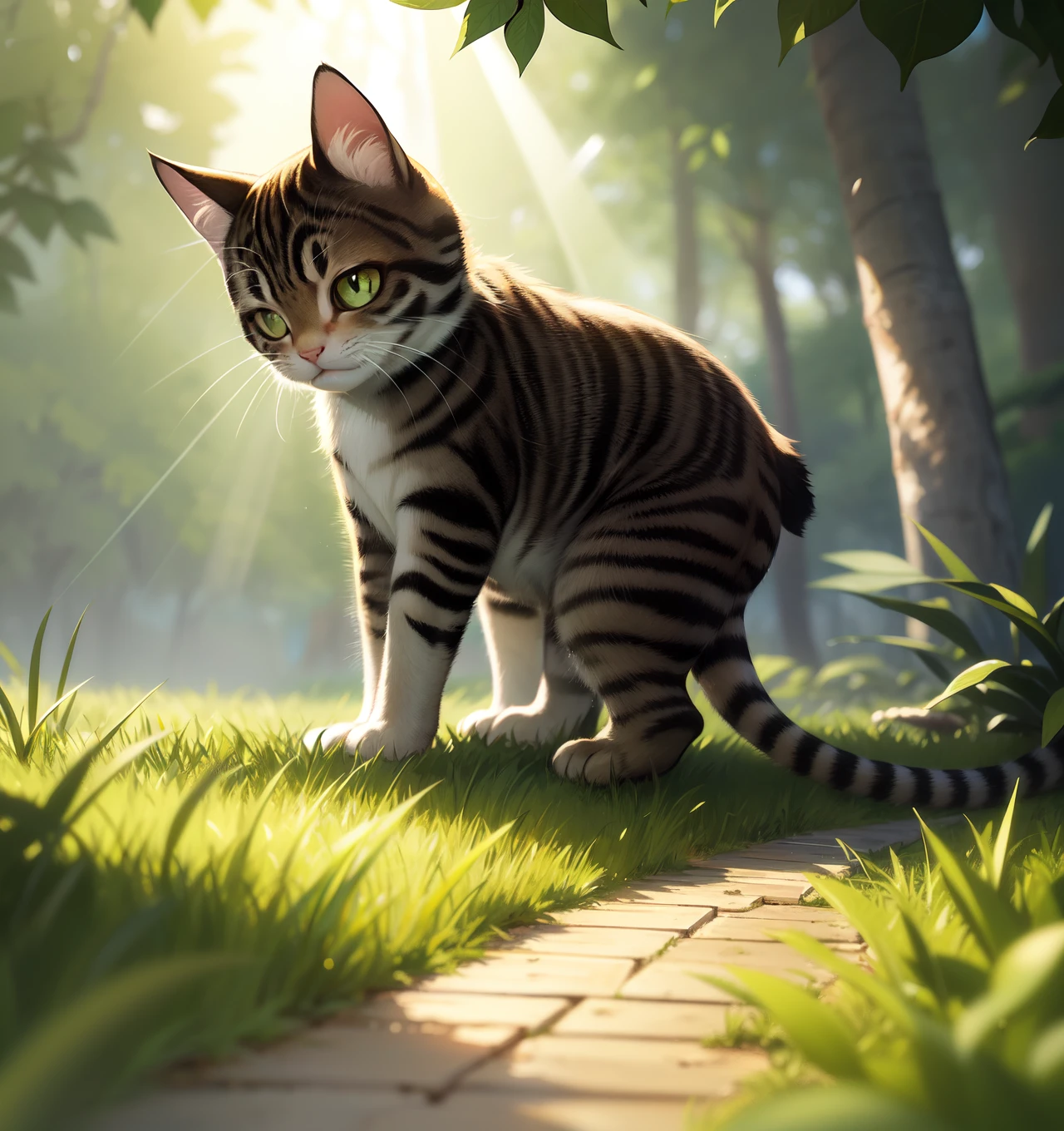 grainy, extremely detailed, intricate details, dynamic lighting, photorealistic, filmg, natural lighting, m0nst3rfy3, Prompt: kitten moves between tall trees and dense bushes. Sunlight penetrates through the leaves, creating rays of light that illuminate the cat's path. She looks around, eyes curious and wary.