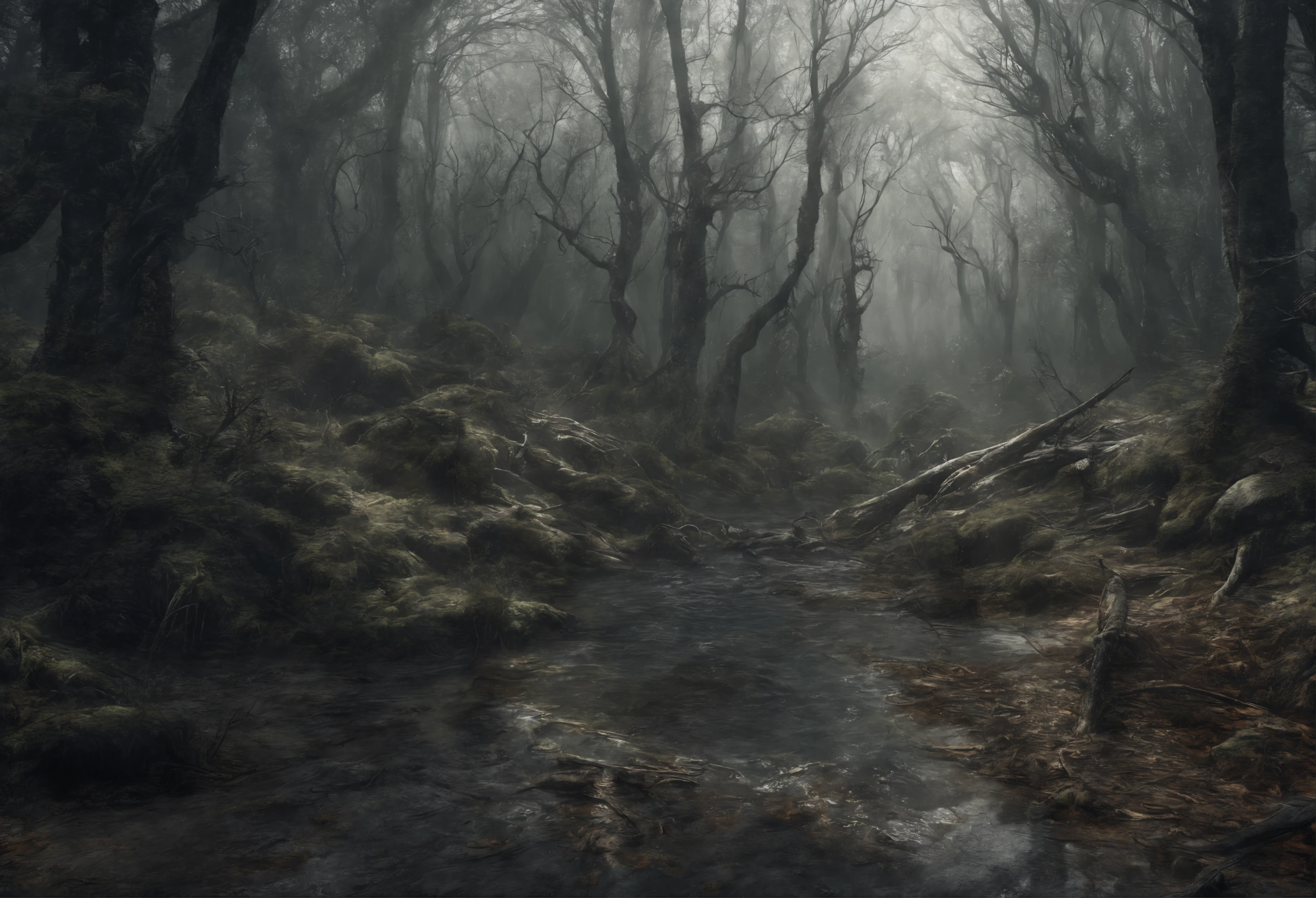 Melhor paisagem jangle, Gloomy forest at night with mists and dry trees, caveiras, sombras, surrealismo, melhor qualidade, ultra realista, highes definition, extremamente detalhista, high saturated, alto contraste, obra-prima, macabro, sinistro, sombrio.