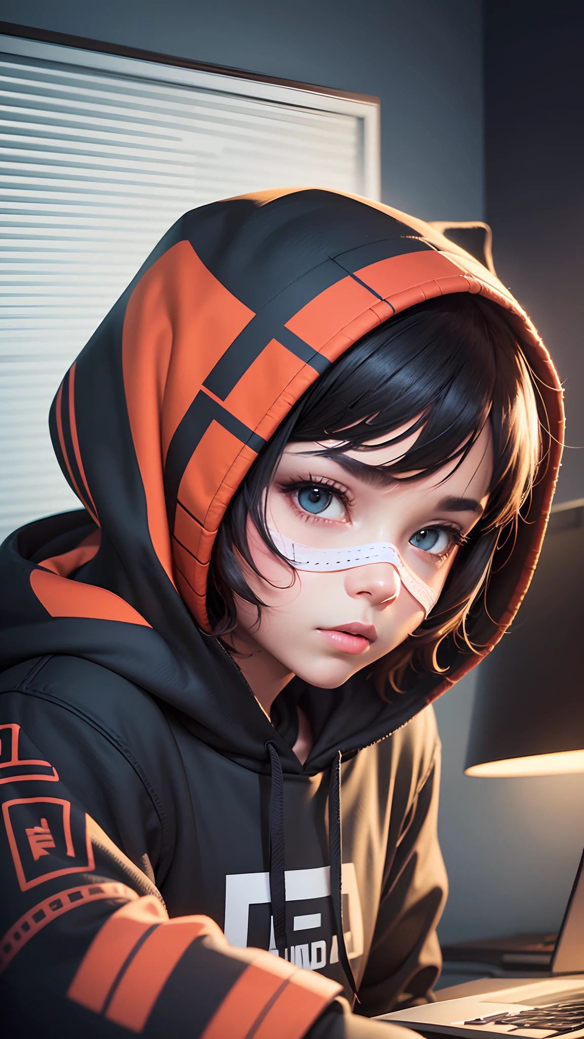 Portrait, high angle, detailed illustration of a light skinned boy wearing a hoodie, his face covered with a mask,sitting in his nicely setup apartment, laptop placed in front of him, soft lighting, dark cinematic background, Minecraft posters on wall, sharp focus, sitting, black hoodie, 2D, character illustration, lo-fi style, studio Ghibli style, vector art, fantasy art, Adobe illustrator, hand-painted, digital painting, low polygon, 8k resolution, using cinema 4D, using clip studio paintpaint, --auto --s2