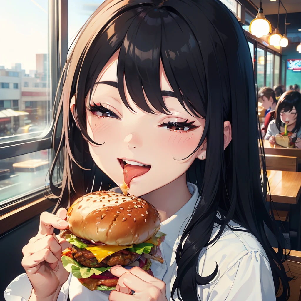 1 beauty, 27-year-old woman, Watery Big Eyes，(Happy smile)，long eyelasher, Blushlush，Black Perm Hair,At the table in a fast food restaurant, (Close your eyes, Smile and open your mouth wide), ((Gnawing on a grabbed hamburger with both hands)),(Eat cleanly),Coffee on the desk