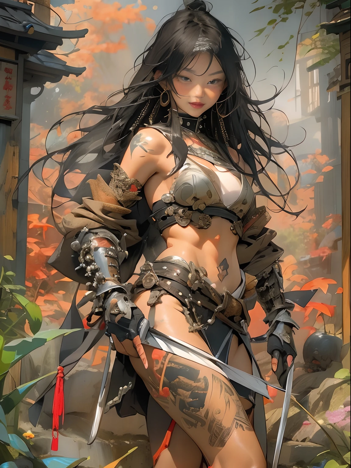 (((woman))), (((best qualityer))), (((tmasterpiece))), (((AS-Adult))), ((( Japanese ))), Look up from your knees, A beautiful asian samurai woman with perfect body, Modern samurai, ((( Asian))), Wear gloves on your hands,The left arm is made of steel and metal tips,Made of protective devices, The eyes are pulled, (( Appears below the breast )), (( Small dental floss )), Simon Bisley, Almost naked(Simon Bisley)Castle City Wilderness,For high-resolution posters, hair straight, Minimum clothing, armure (Crazy clothes ), Full of tips and rivets, tribal tattoos, (((full bodyesbian))), Straight brunette hair,Colored hair ends