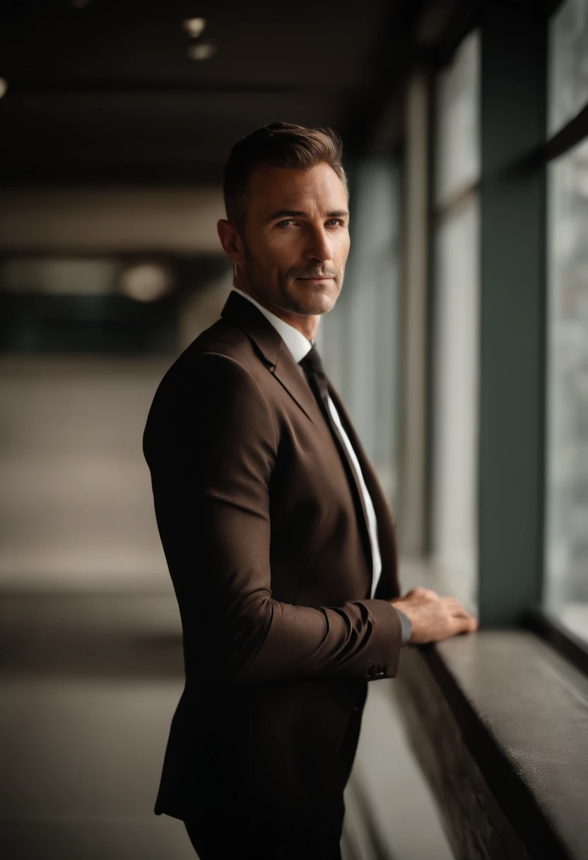 Cinematic portrait , a handsom man, Tall and fit, (40 years old:1.1), (shaven:1.2), (short brown fine hair :1.5),(very short fine hair:1.6). black tight suit, white shirt . Minimalistic background, clean composition, strong details, Muted Colours, Hasselblad, style raw