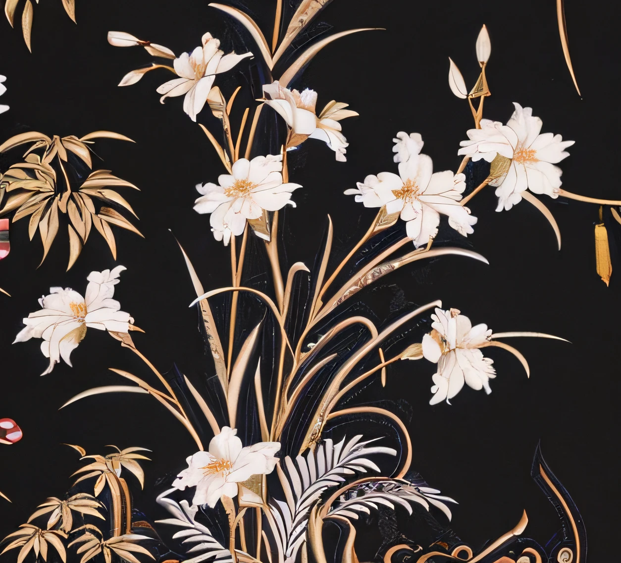 Textile design,Background wall design,the wallpaper,Small European flowers,Small European white flowers,There is a black and white floral wallpaper with gold accents, oriental wallpaper, gold flowers, chinoiserie pattern, wallpaper design, Black flowers, Beautiful wallpaper, elegant tropical prints, golden flowers, inspired by Sōami, inspired by Ogata Kōrin, author:Kuroda Seiki, inspired by Katsushika Ōi, textile print, Dark flower pattern wallpaper
