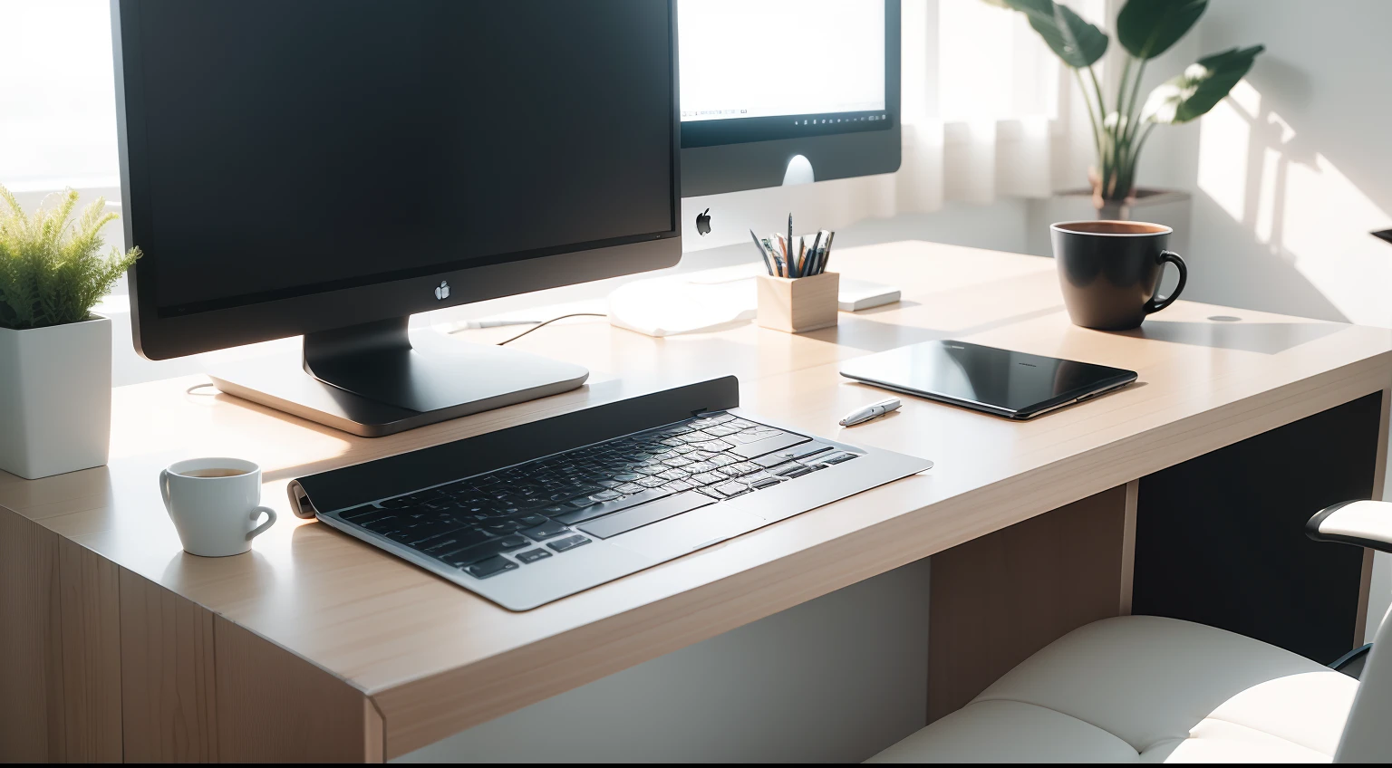 Here's a description of a photo featuring an office setup with a laptop and a desk against a pure white background:

Centered in the frame, an immaculate and modern office space is showcased. The background is pure, snowy white, emphasizing the clean and organized environment.

At the forefront of the image, an elegant office desk takes the spotlight. The desk is sleek and minimalist, made of a smooth, light-colored wood or perhaps a glossy surface, reflecting the bright and pristine surroundings.

Positioned atop the desk is a state-of-the-art laptop computer. The laptop's screen is illuminated, hinting at productivity in progress. The keyboard and touchpad are meticulously clean and ready for use, suggesting a focus on efficiency and organization.

The desk is uncluttered, with only essential office supplies neatly arranged. A slim pen holder holds an array of pens, while a notepad sits open, displaying neat handwritten notes or sketches. A stylish desk lamp with a simple design provides soft, focused lighting.

The white background behind the desk creates a sense of purity and clarity, allowing the details of the office setup to stand out. There are no distractions—only the essence of a well-organized workspace.

This image represents a pristine and efficient office environment, where productivity and creativity flow seamlessly. It embodies the ideal workspace for accomplishing tasks with precision and clarity.