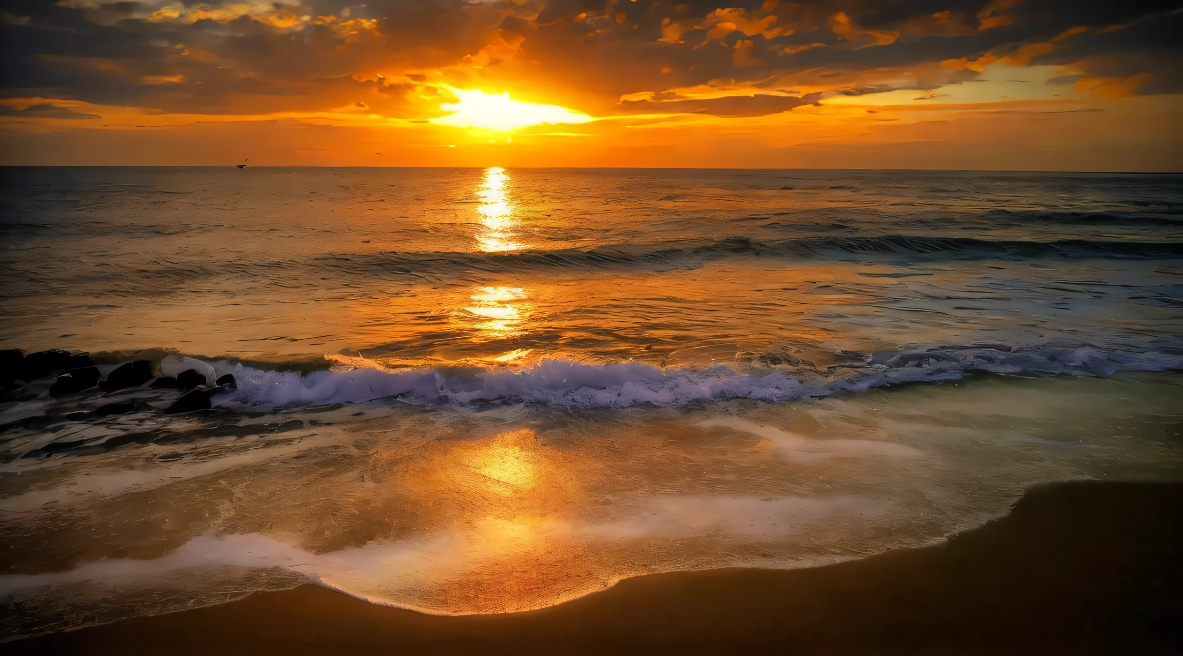 An absolutely enchanting sunset on the beach mixed with orange, Red, pinks and yellows in the sky. The water is crystal clear, Gently kiss the shore, And the sandy beaches are endless. The scene is dynamic and breathtaking, Seagulls soar into the air、Palm trees sway gently. Immerse yourself in a calm atmosphere、Be surrounded by tranquil surroundings.