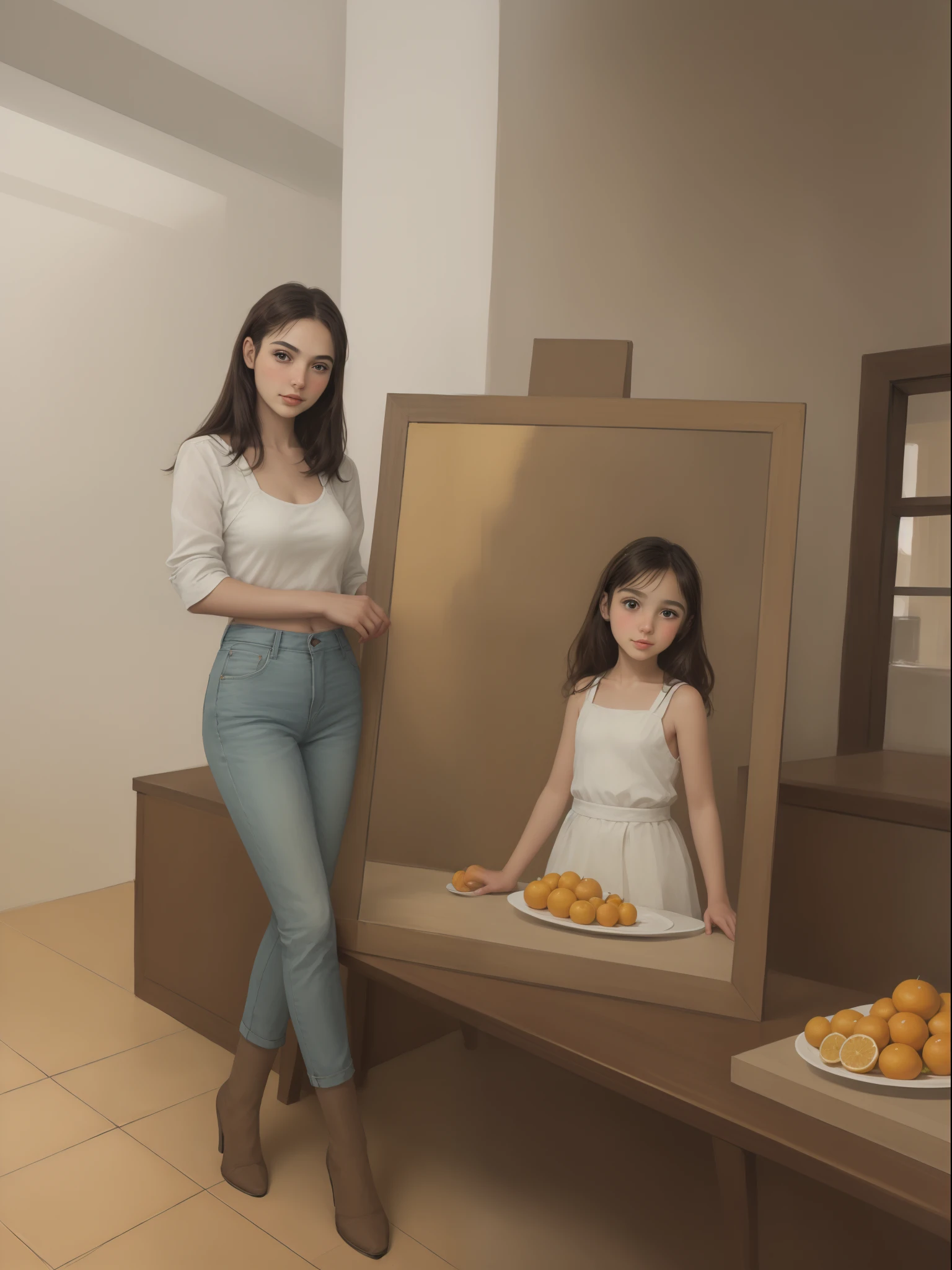 Picture of a little girl, standing in front of a table with a plate of oranges, painting vladimir volegov, vladimir volegov, valentina remenar, volegov, Based on the materials of Antonio Kisseri, Antonio Kisseri, james gurney painting style, by Alexander Kucharsky, Pedro Pedragia, Brian Thomas, Alfredo Volpi